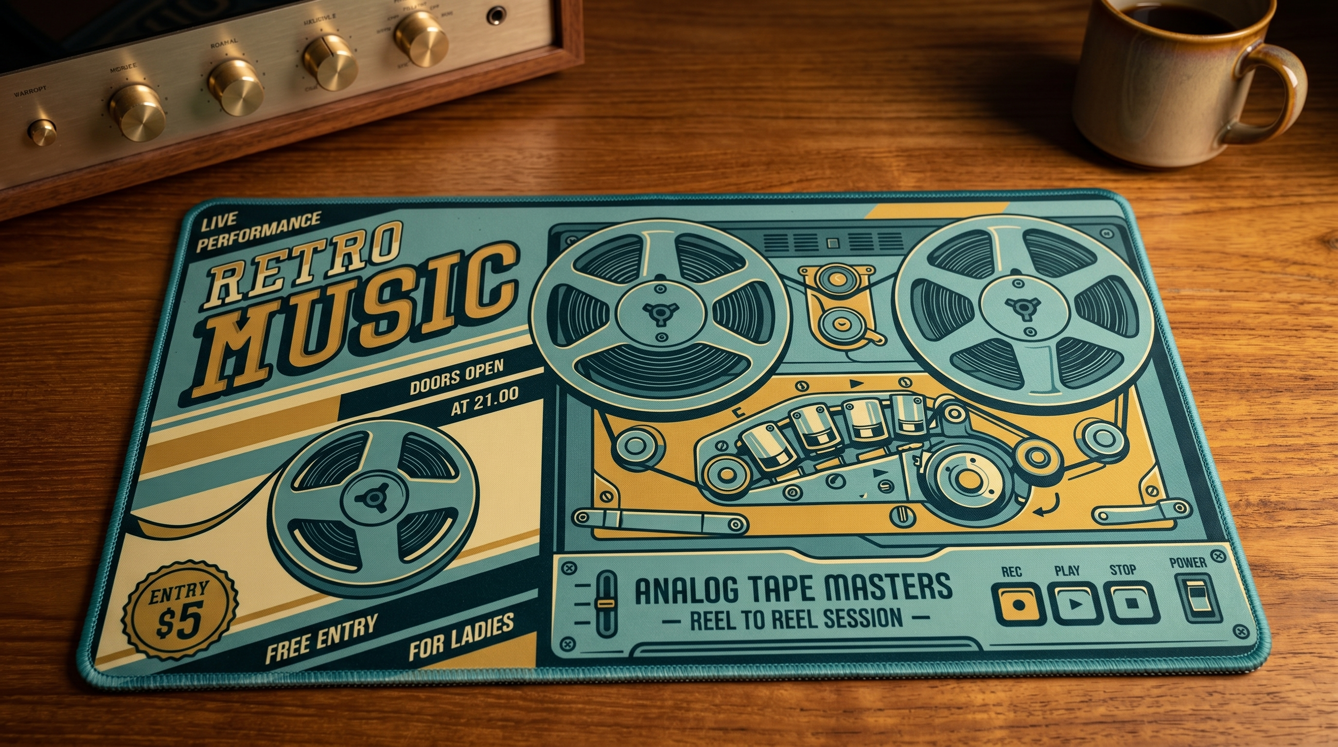 Bobin bantlı teyp makinesi grafikalı retro müzik etkinliği posteri. Giriş 5 $.