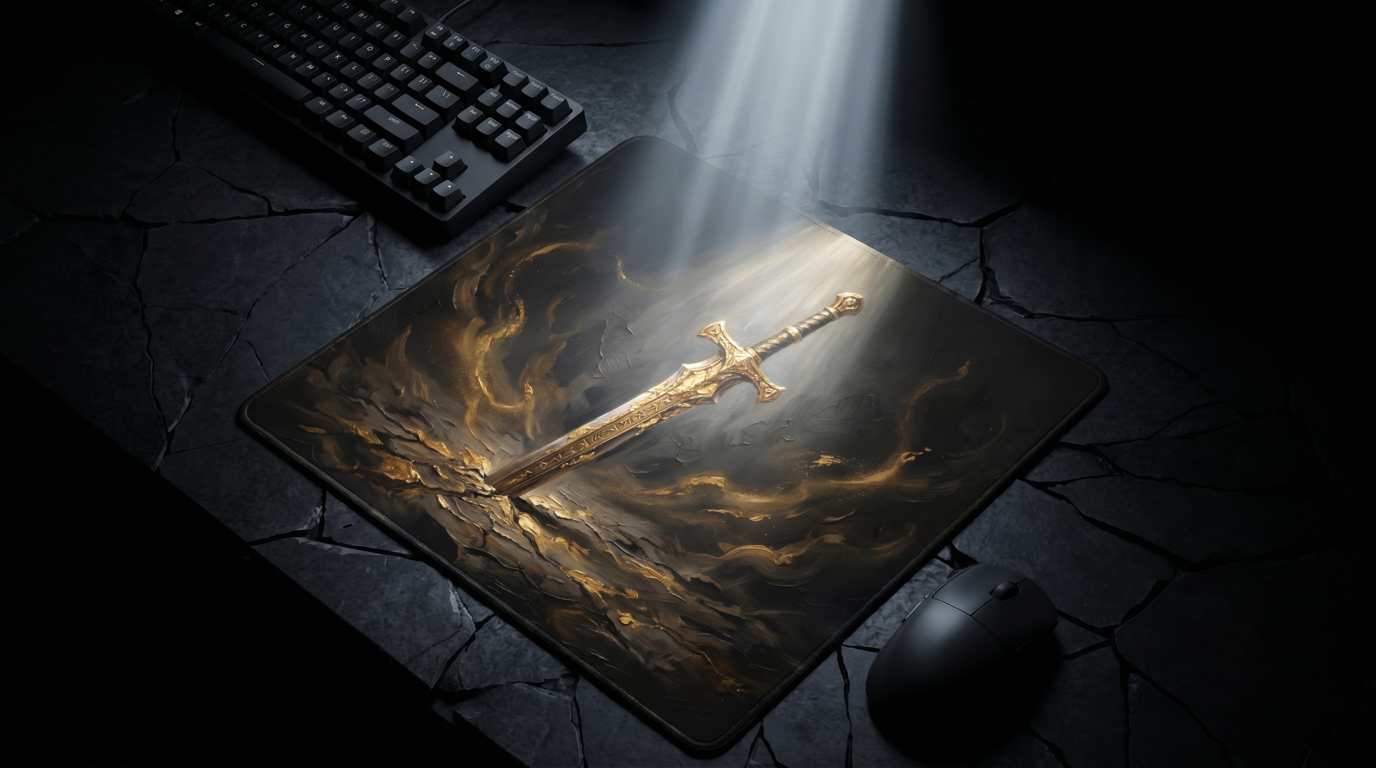 Üstten aydınlatılan mousepad üzerinde altın kılıç. Klavy ve fare yanında.