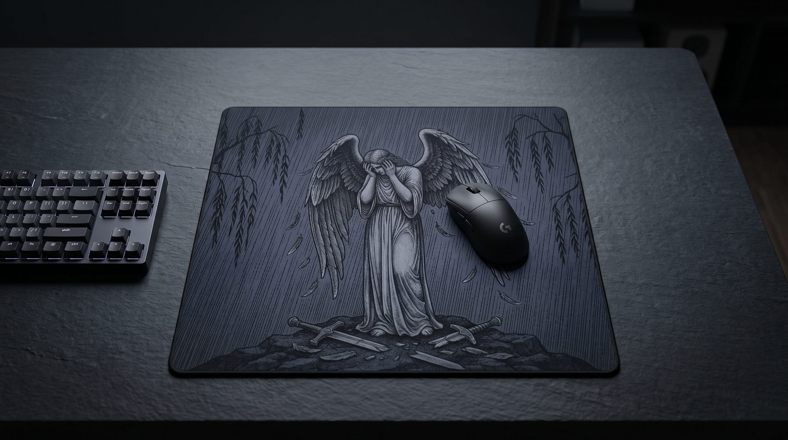 Üzgün bir meleği tasvir eden mousepad ile karanlık masada fare ve klavye.