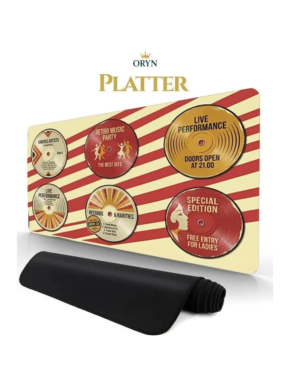 ORYN PLATTER yazılı plakların önünde siyah bir mat.