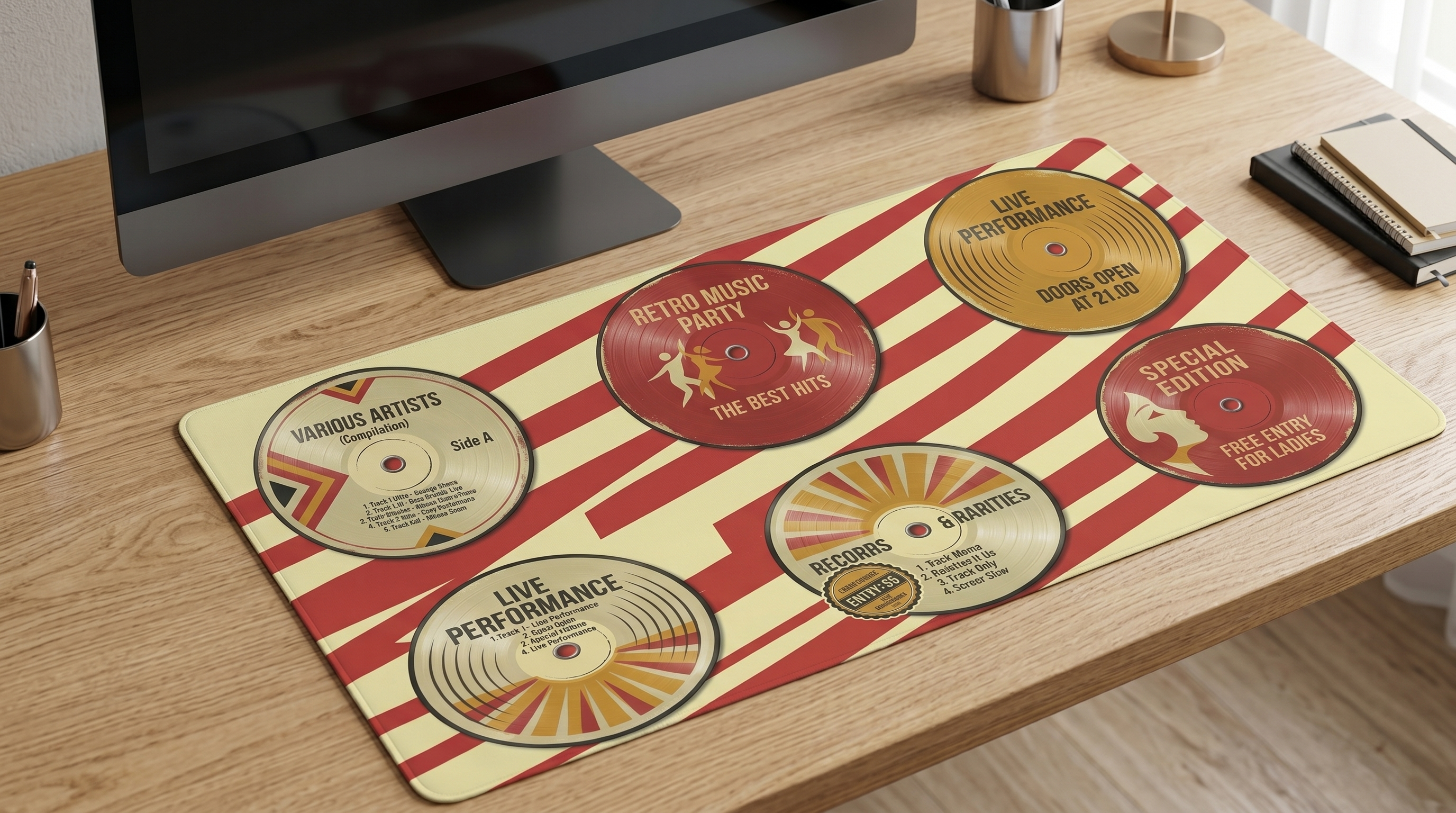 Vinil görünümlü mousepadli, kırmızı ve sarı şeritli yazı masası.