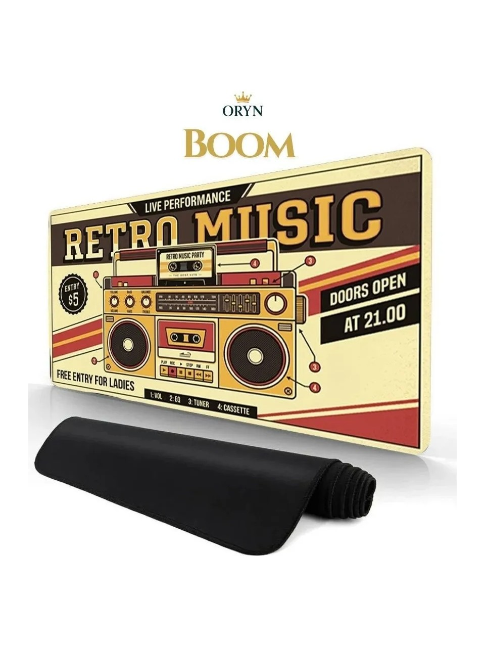 Retro Müzik yazılı bir retro boombox posteri. Önünde siyah bir fare altlığı var.