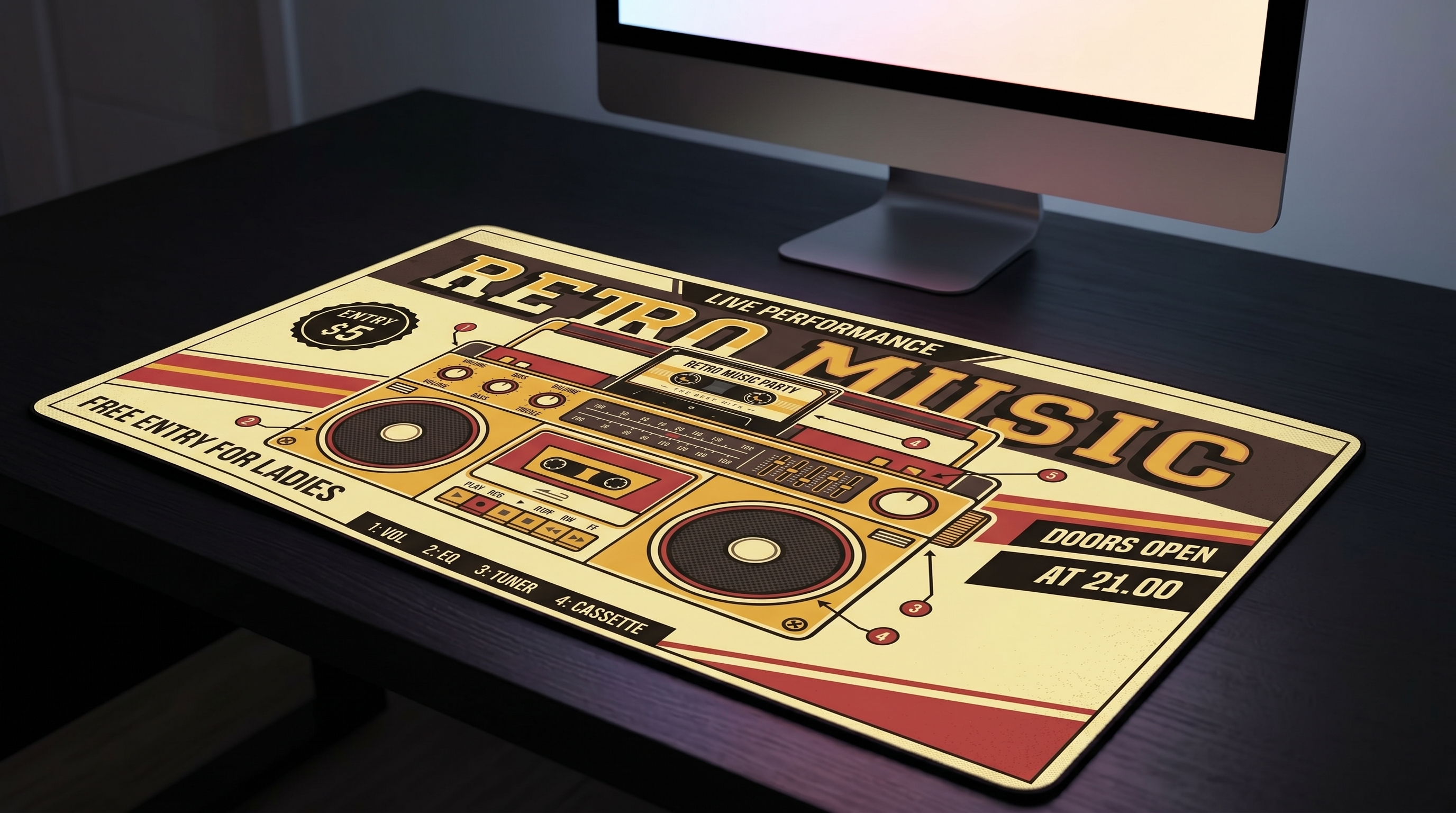 Retro müzik partisi posteri, boombox tasarımı, bayanlara ücretsiz giriş.