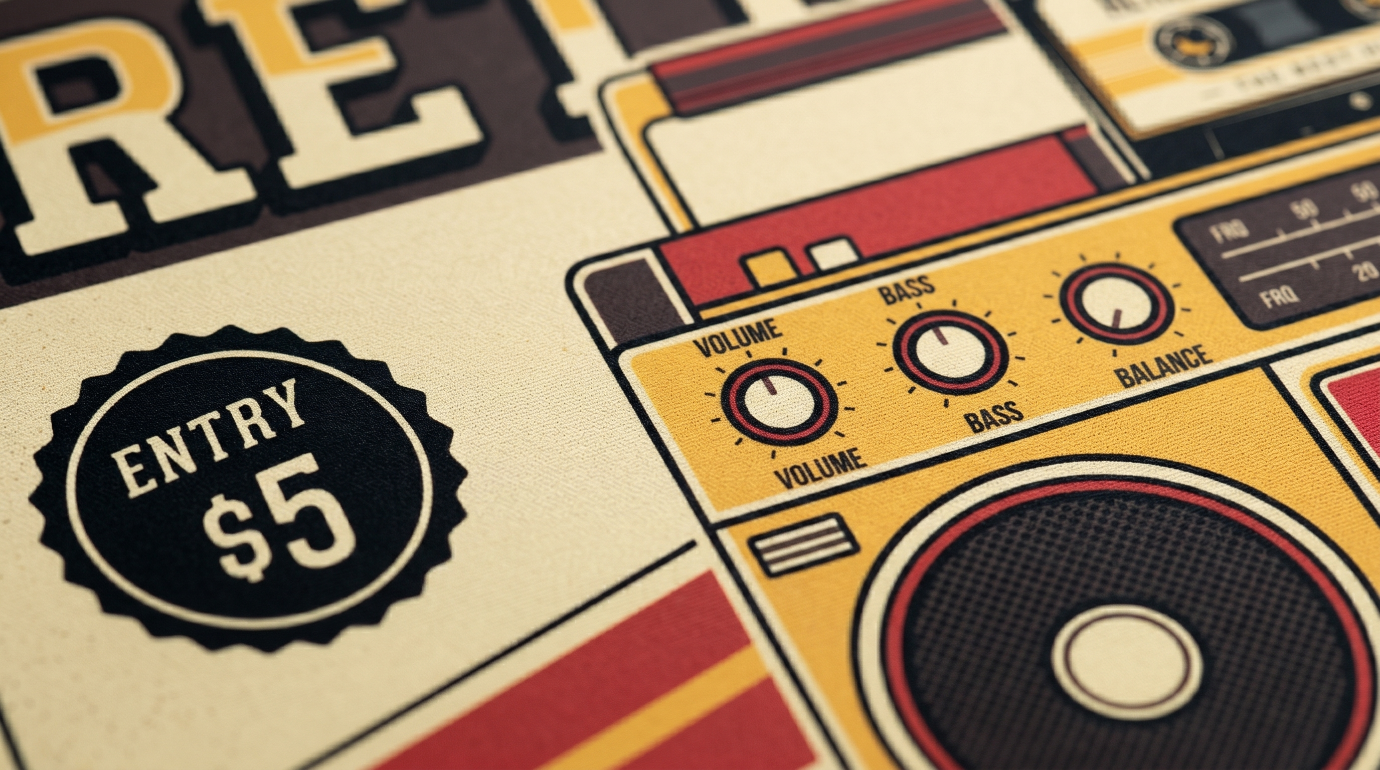 Sarı retro radyo düğmeler ve hoparlörlü, üzerinde '$5' yazan yıldız rozet.