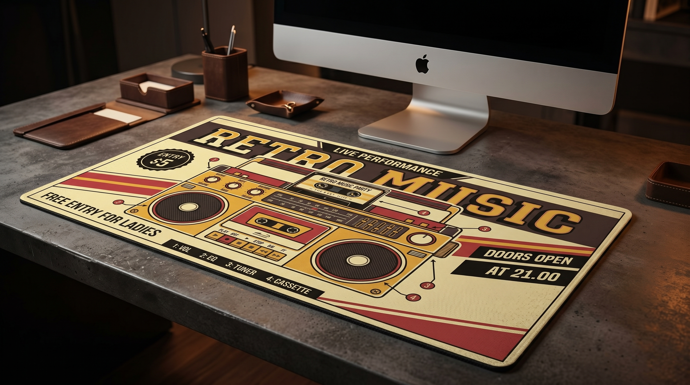 Boombox grafikalı retro müzik partisi posteri, giriş 5 $, kapılar saat 21:00'de açılıyor.