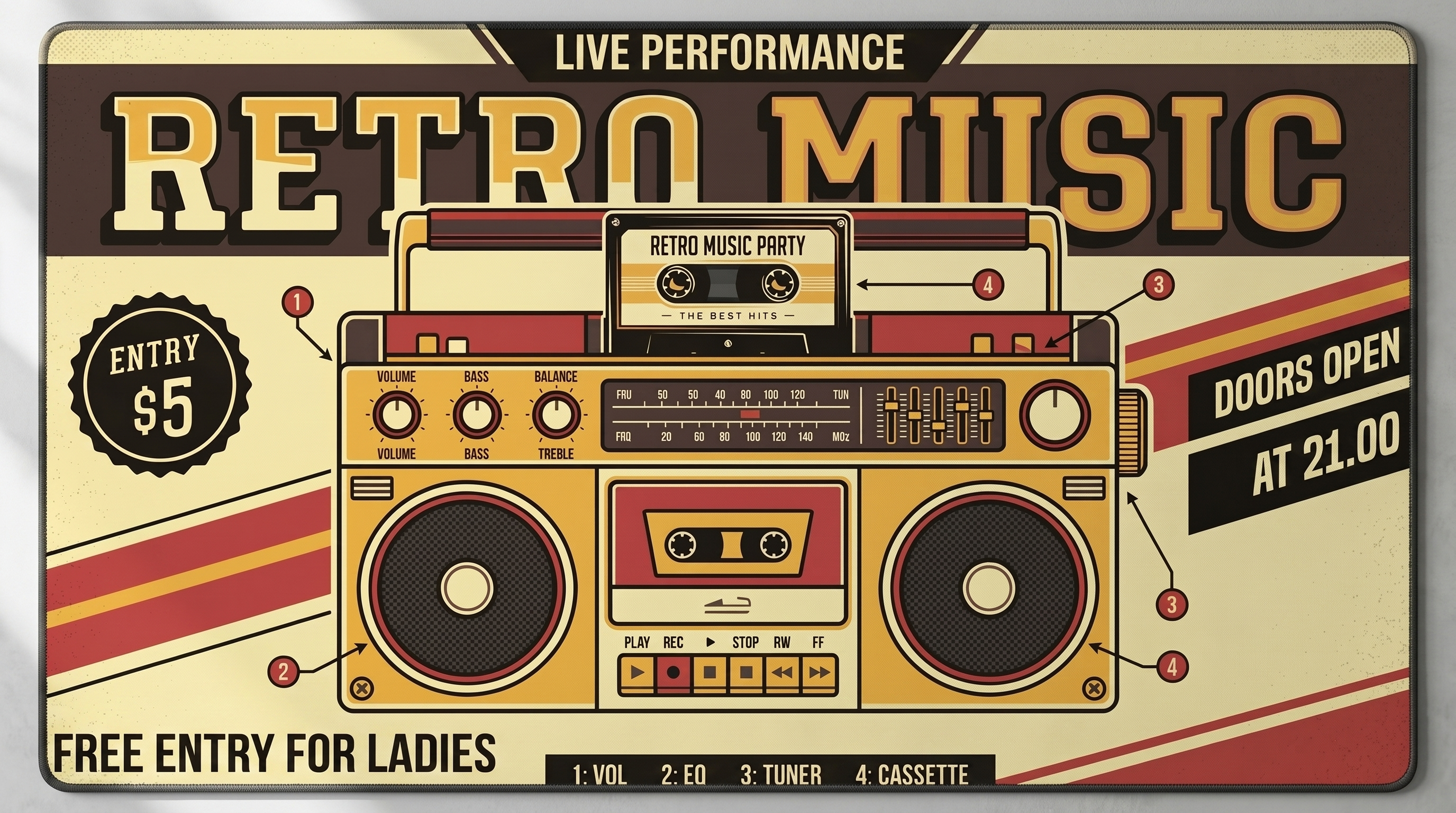 Boombox, kaset, kumandalar ve etkinlik bilgileri içeren retro müzik canlı performans posteri.