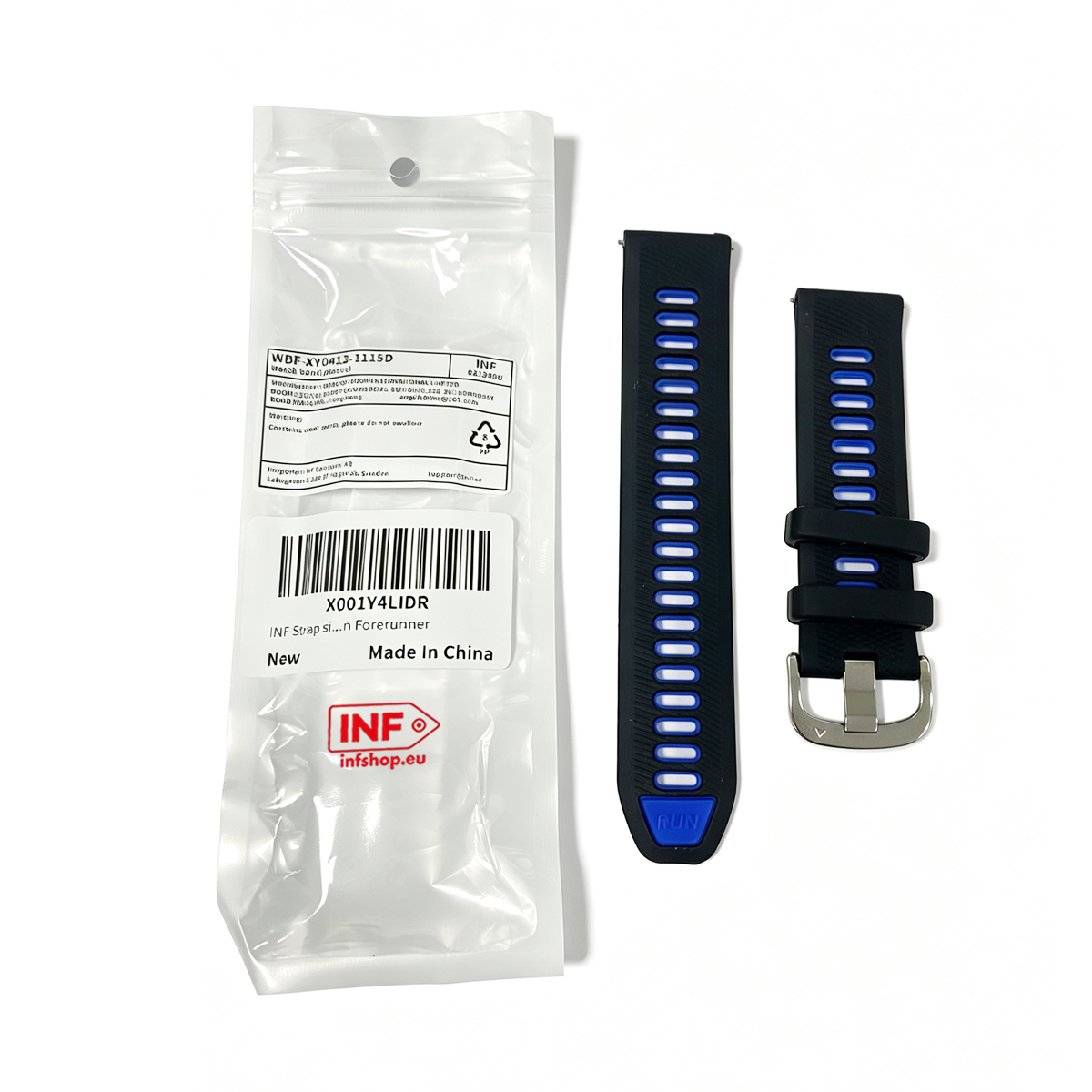 Schwarzes Uhrenarmband mit blauen Akzenten und silberner Schnalle.