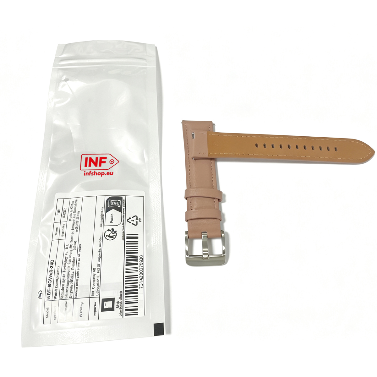 Ein hellbraunes Lederarmband mit Schnalle liegt neben einer durchsichtigen Verpackung.