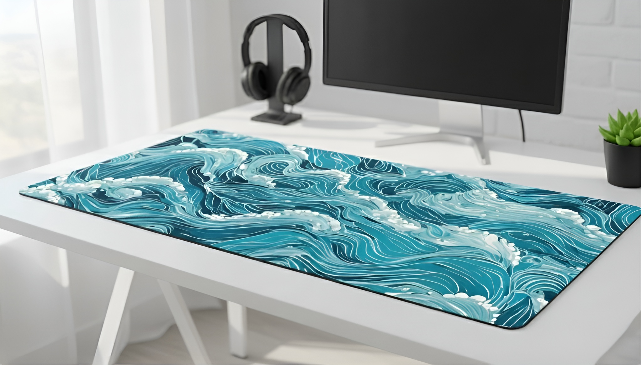 Dalga desenli büyük mousepad, kulaklık ve monitörlü masa.