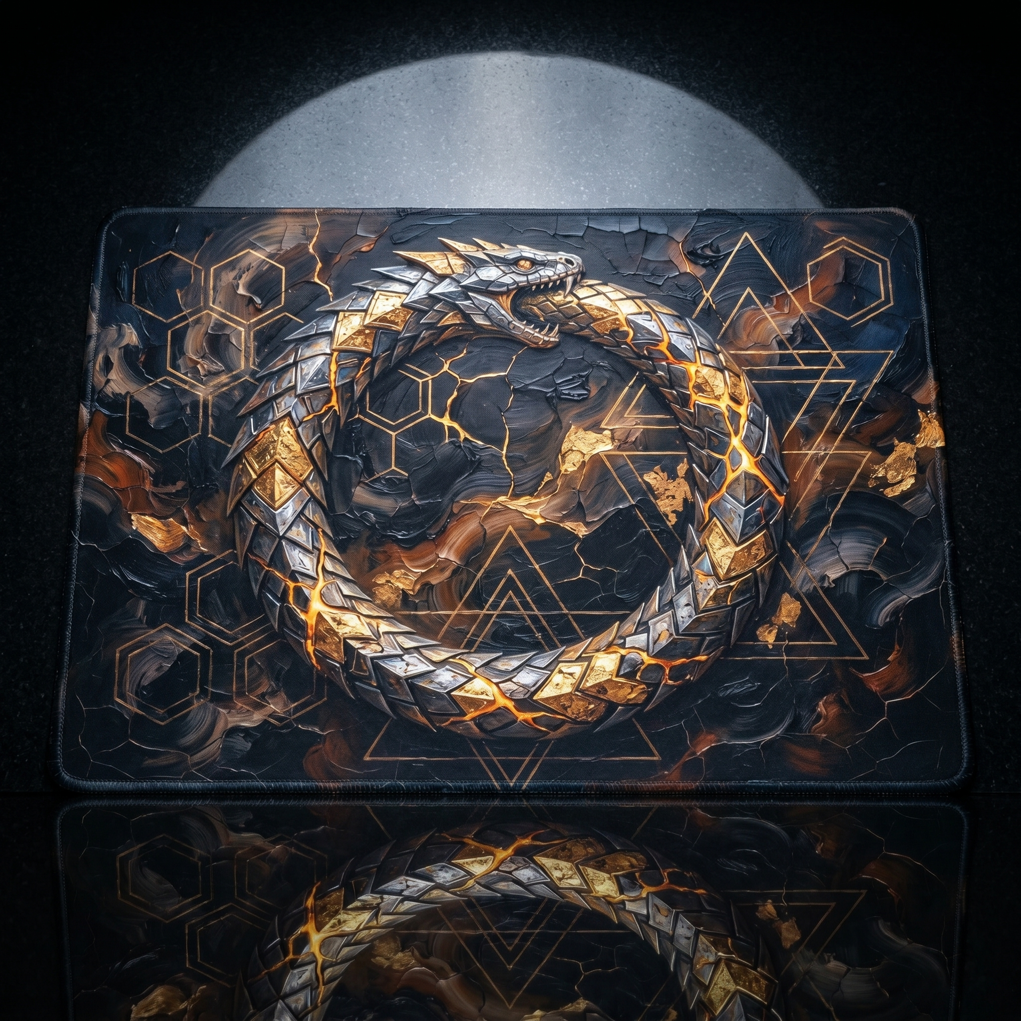 Geometrik desenli, altın ve gümüş ejderhanın daire şeklinde kıvrıldığı siyah mousepad.