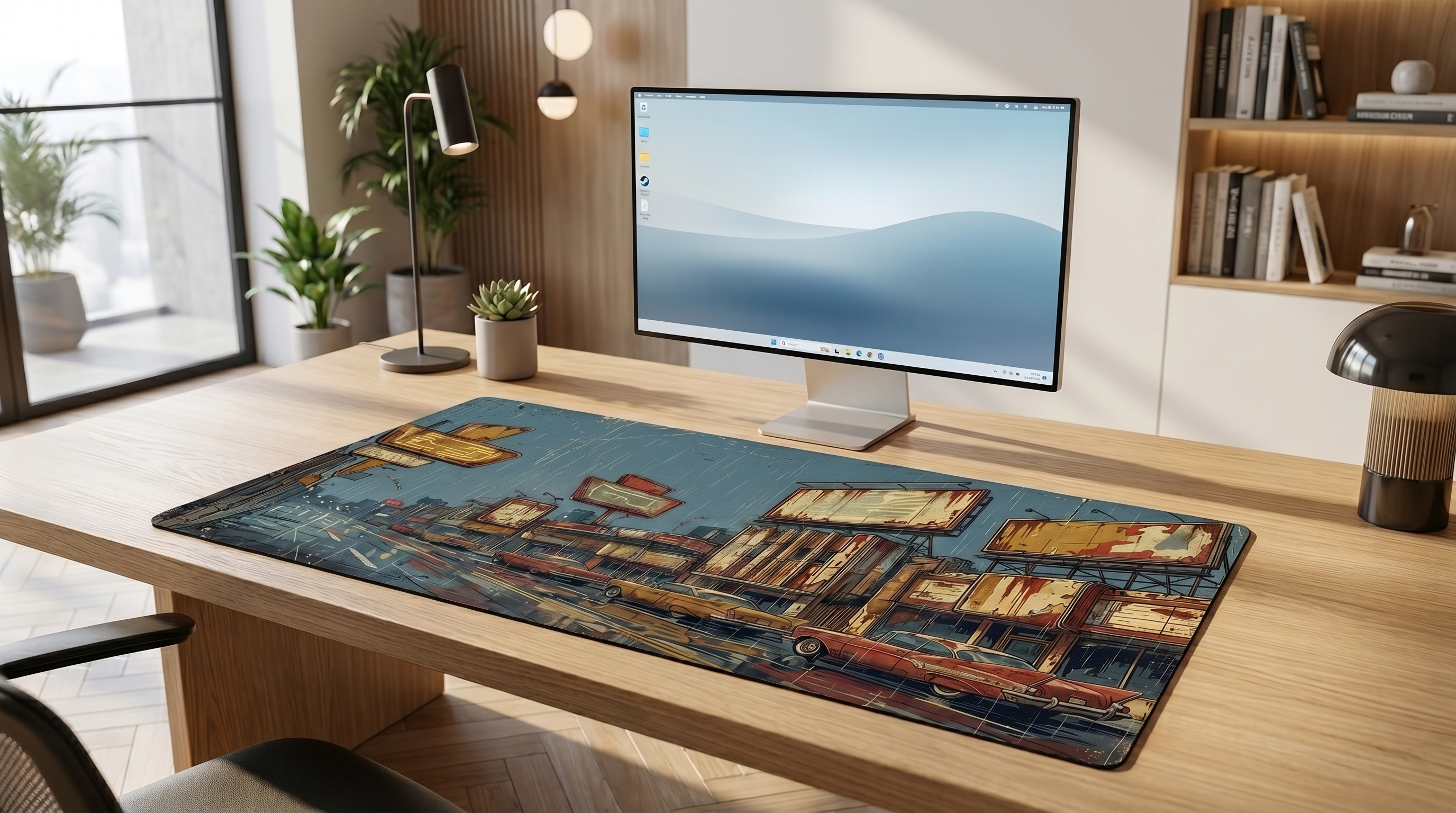 Retro şehir manzarası içeren bir monitör ve mousepadli masa.