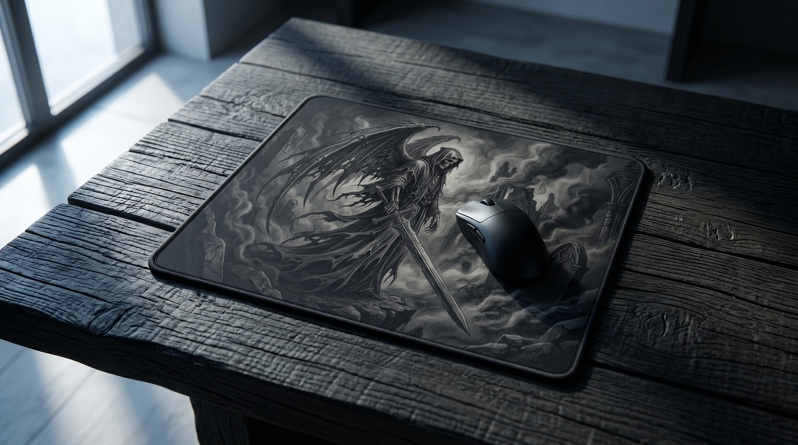 Koyu renkli bir mousepad üzerinde oturan kara bir fare, ahşap masanın üzerinde duruyor.