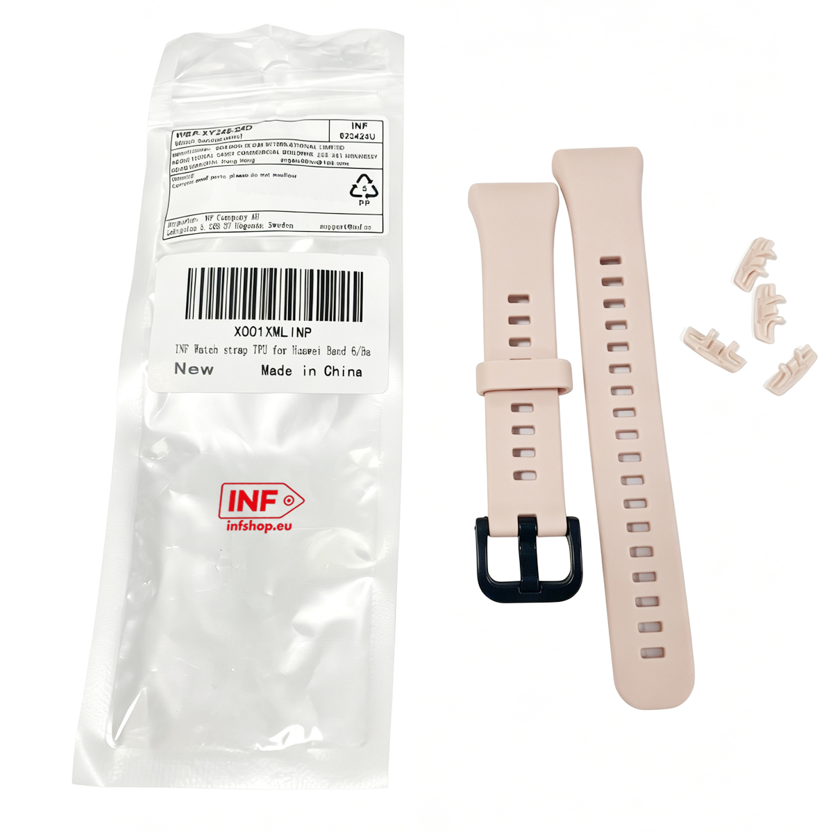 Ein rosa Huawei Band 6/8c TPU-Armband mit schwarzer Schnalle und Verpackung.