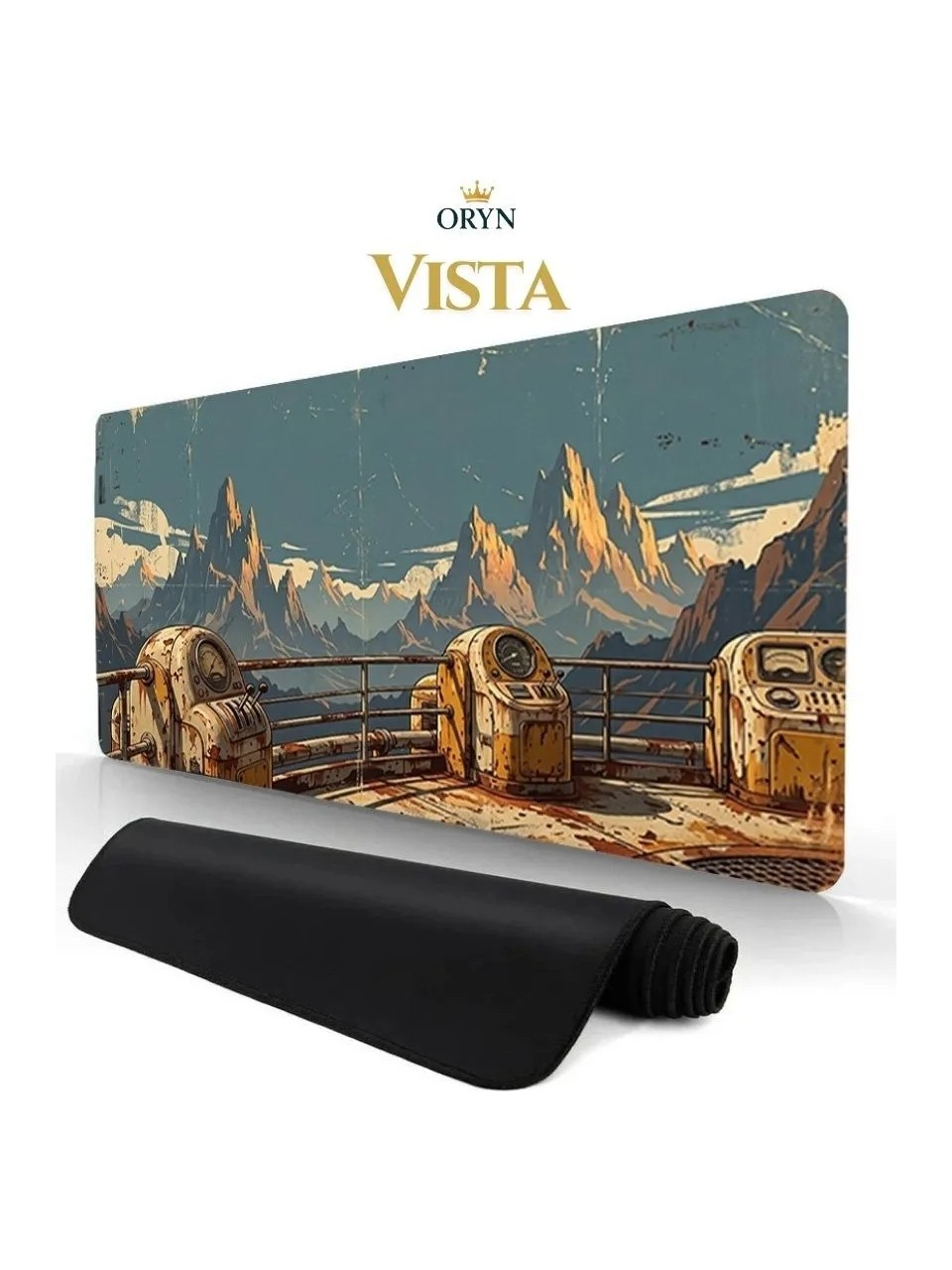 Rulo yapılmış siyah mousepad ön planda, güvertede makinelerle fütüristik dağ manzarası.