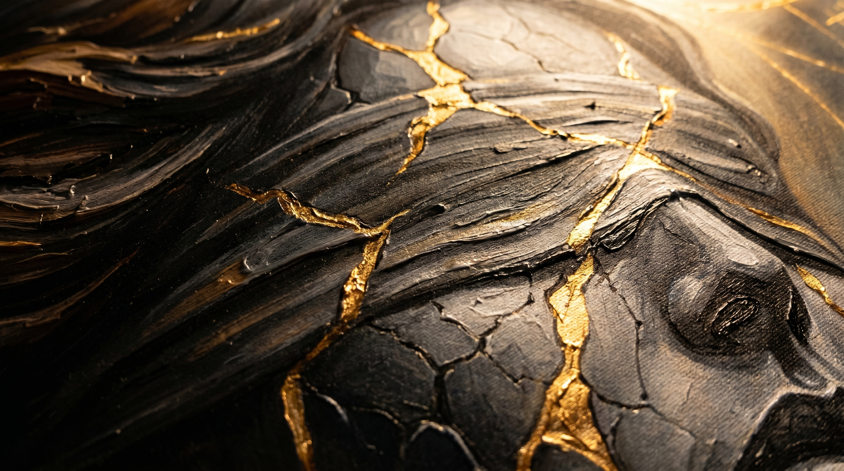 Kintsugi'yi andıran siyah ve altın çizgili dokulu yüzey.