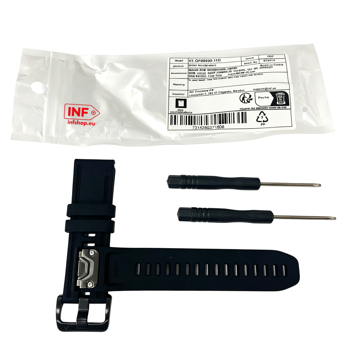 Ein schwarzes Uhrenarmband mit Werkzeug und Verpackung.