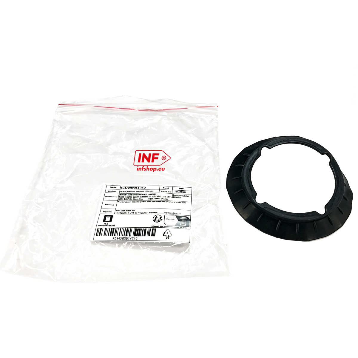A black ring and a bag with product information on a white background.