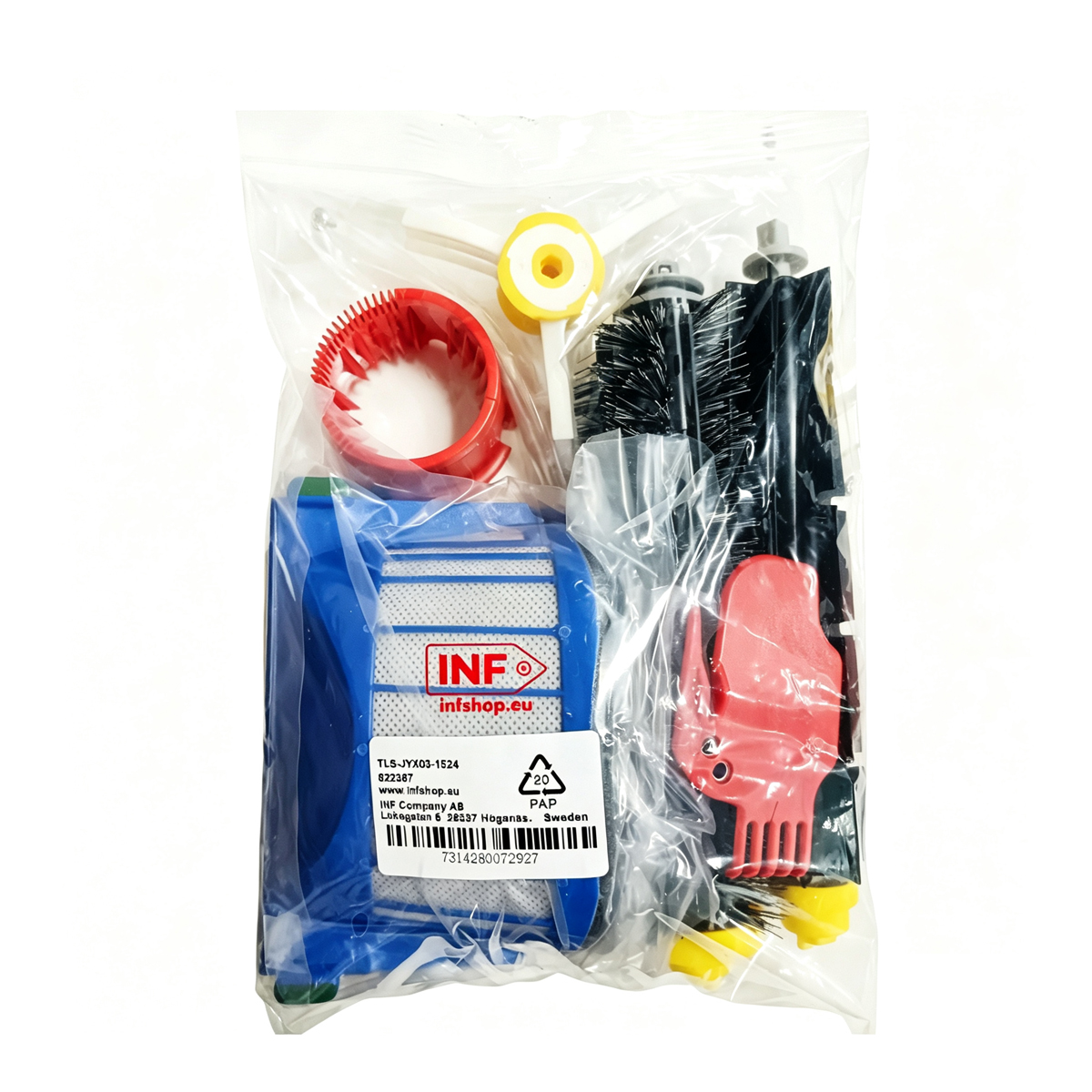 Un set di attrezzi per la pulizia in un sacchetto di plastica, inclusi spazzole e filtro blu.