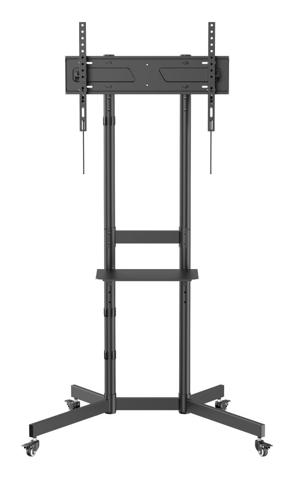 Soporte de TV móvil negro con ruedas y dos estantes.