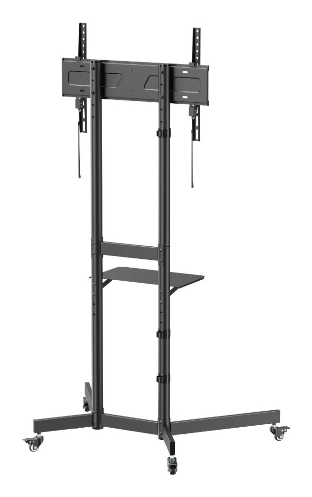 Soporte de TV negro móvil con soporte y estante ajustables.
