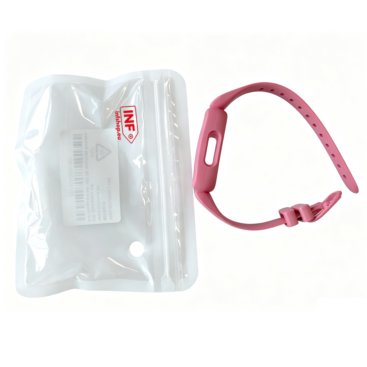 Ein pinkes Smartwatch-Armband liegt neben seiner durchsichtigen Plastikverpackung auf weißem Grund.