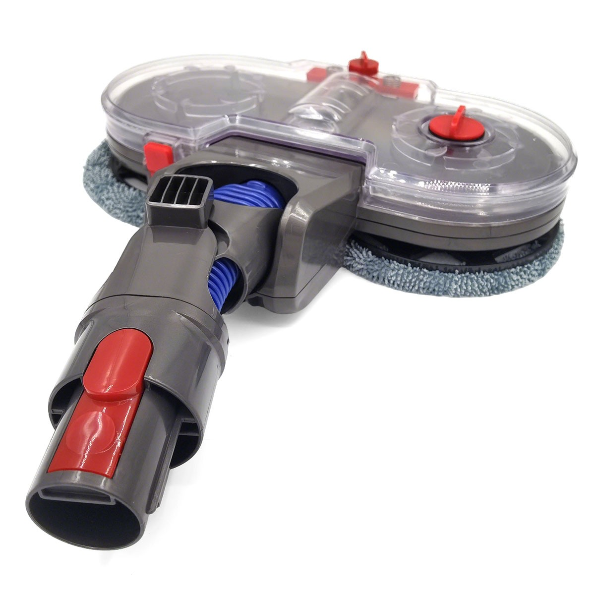 Gray vacuum cleaner attachment with red accents and blue hose.
