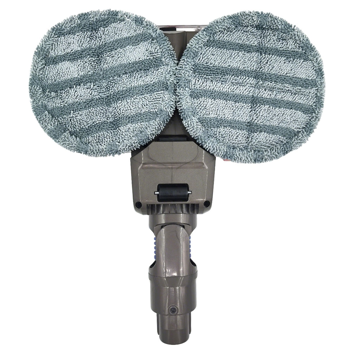 Gray vacuum cleaner attachment with two round, striped mopping pads.