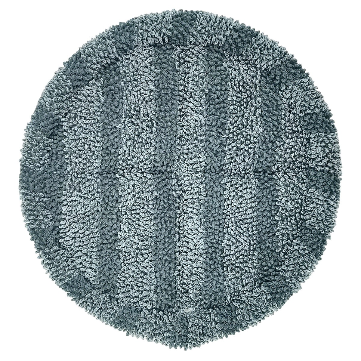 A round, teal bath mat with vertical chenille loop stripes.
