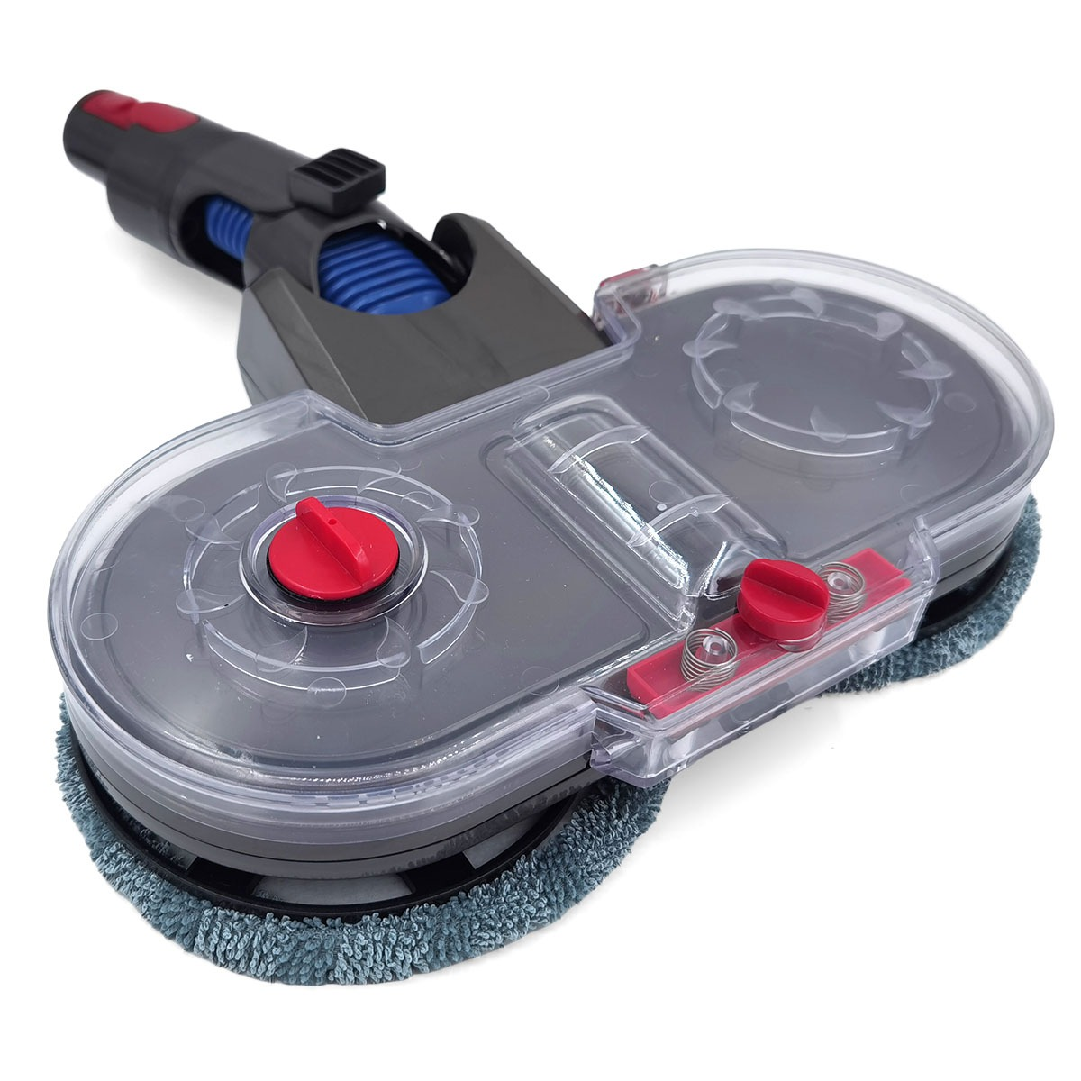 A transparent vacuum cleaner attachment with gray and red accents.