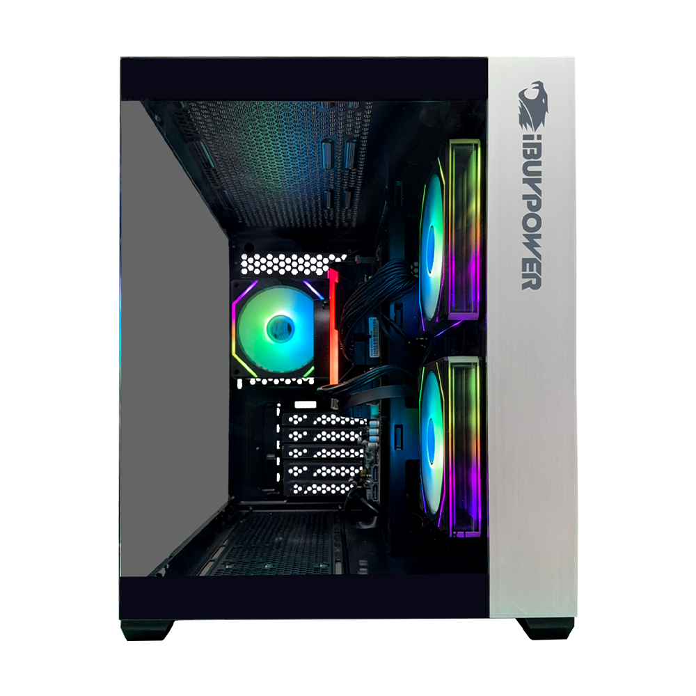 Un PC gamer abierto con ventiladores RGB y logo iBUYPOWER a la derecha.