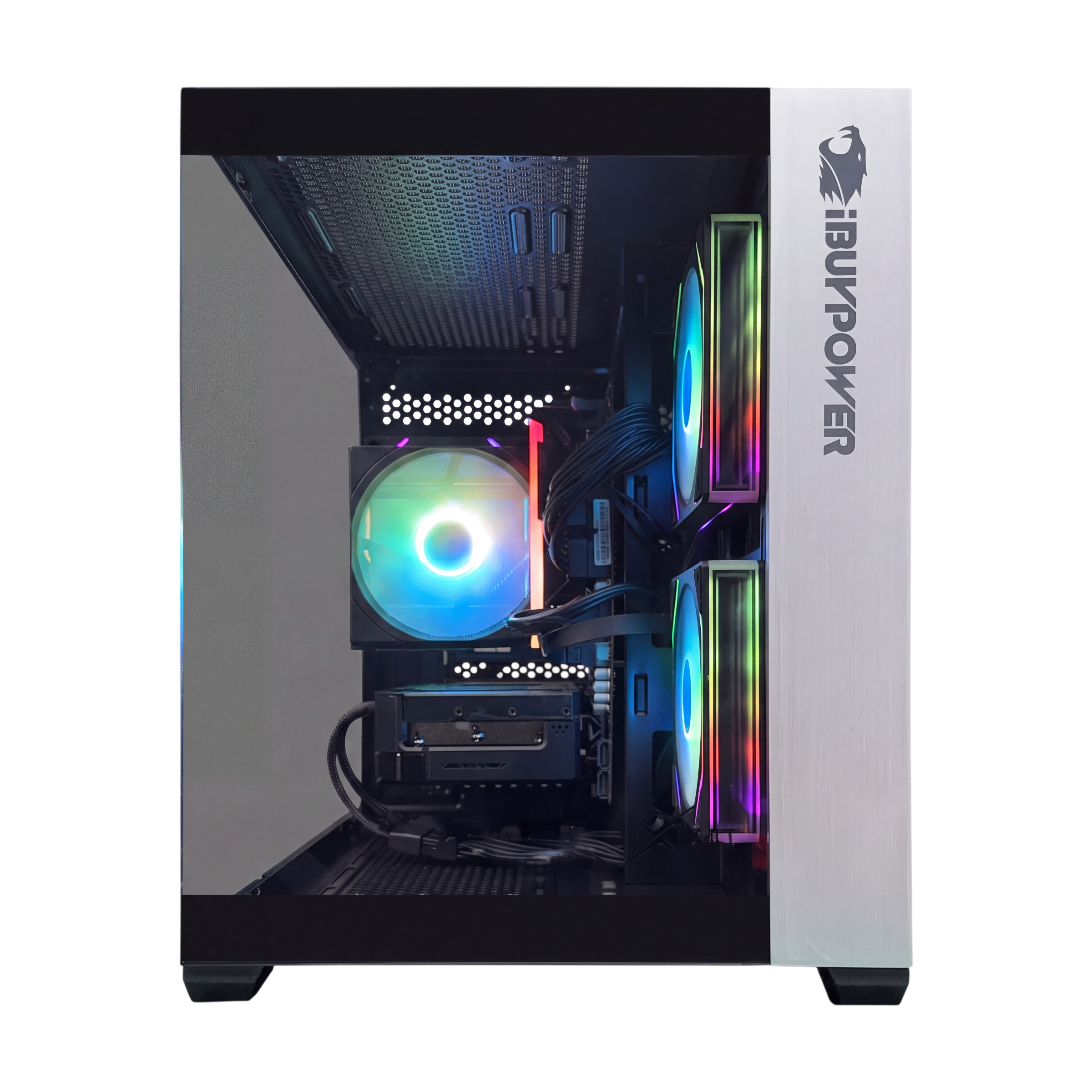 Una caja de PC con ventiladores RGB y cables. Logo en el panel frontal.