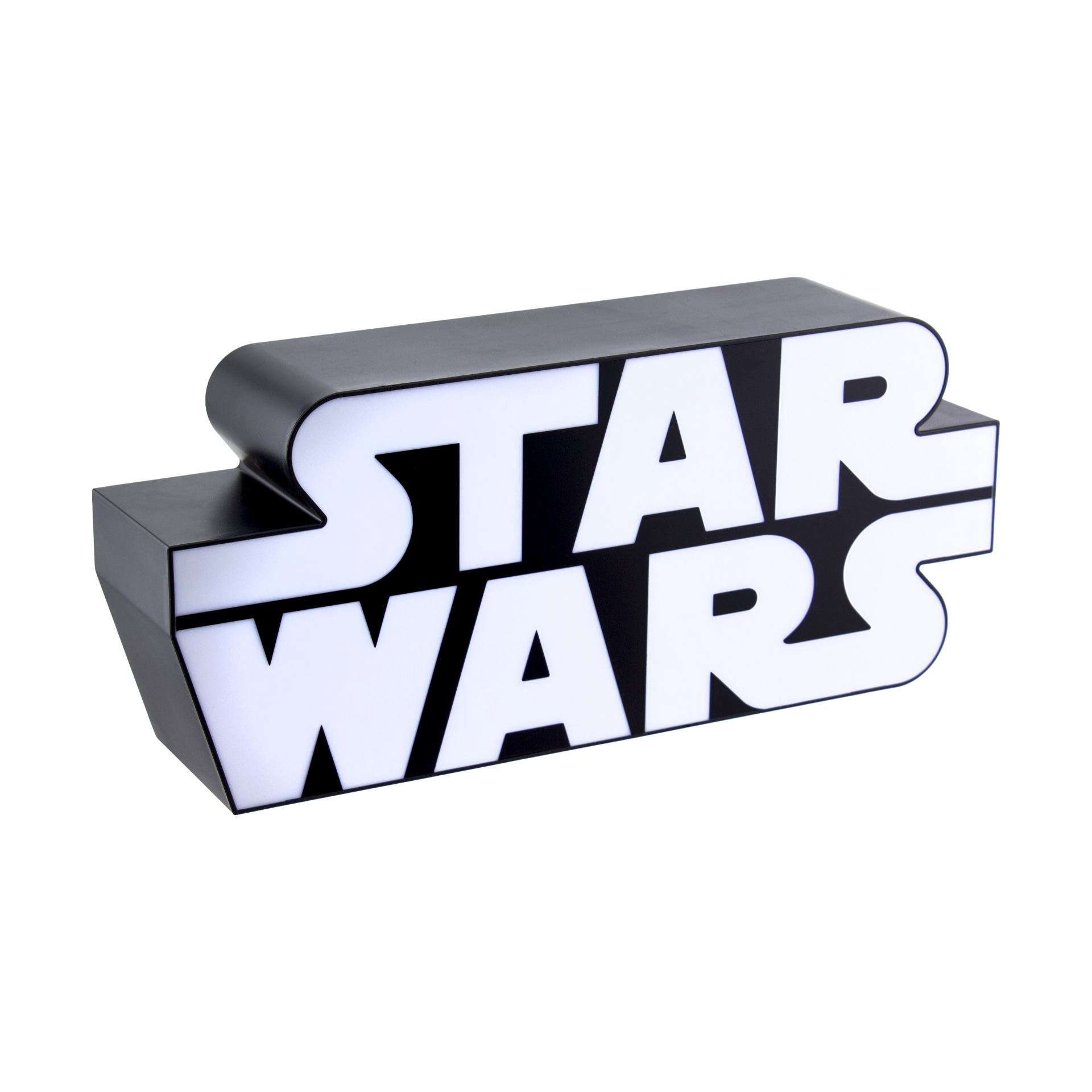 Ein beleuchtetes Star Wars Logo aus Kunststoff, das auf einem weißen Hintergrund steht.