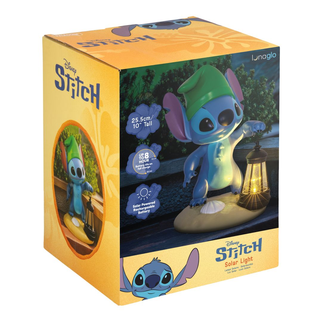 Lampka solarna Disney Stitch z latarnią, wysoka na 25,5 cm, zasilana energią słoneczną.