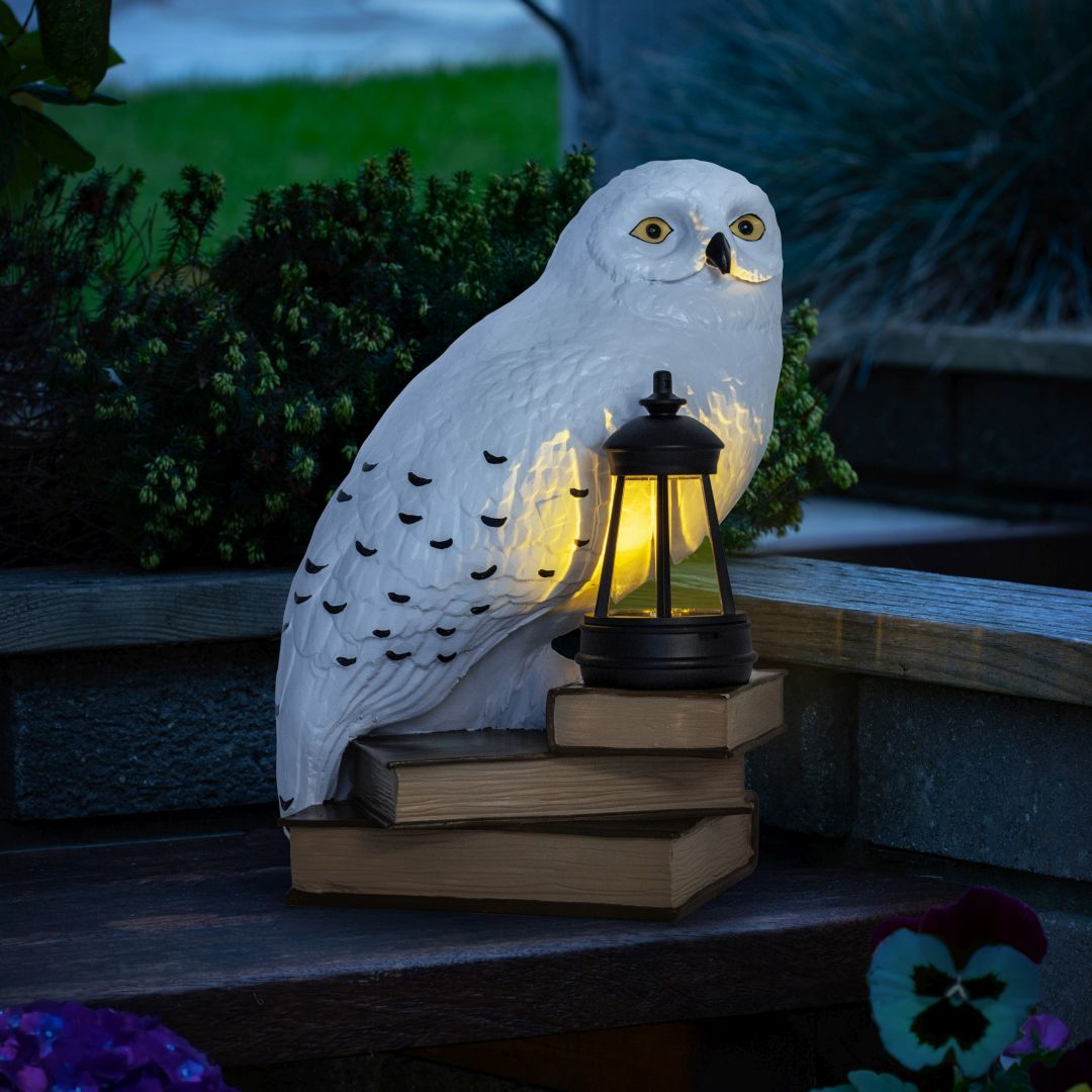 Una estatua de búho blanco con linterna se sienta sobre libros al anochecer.