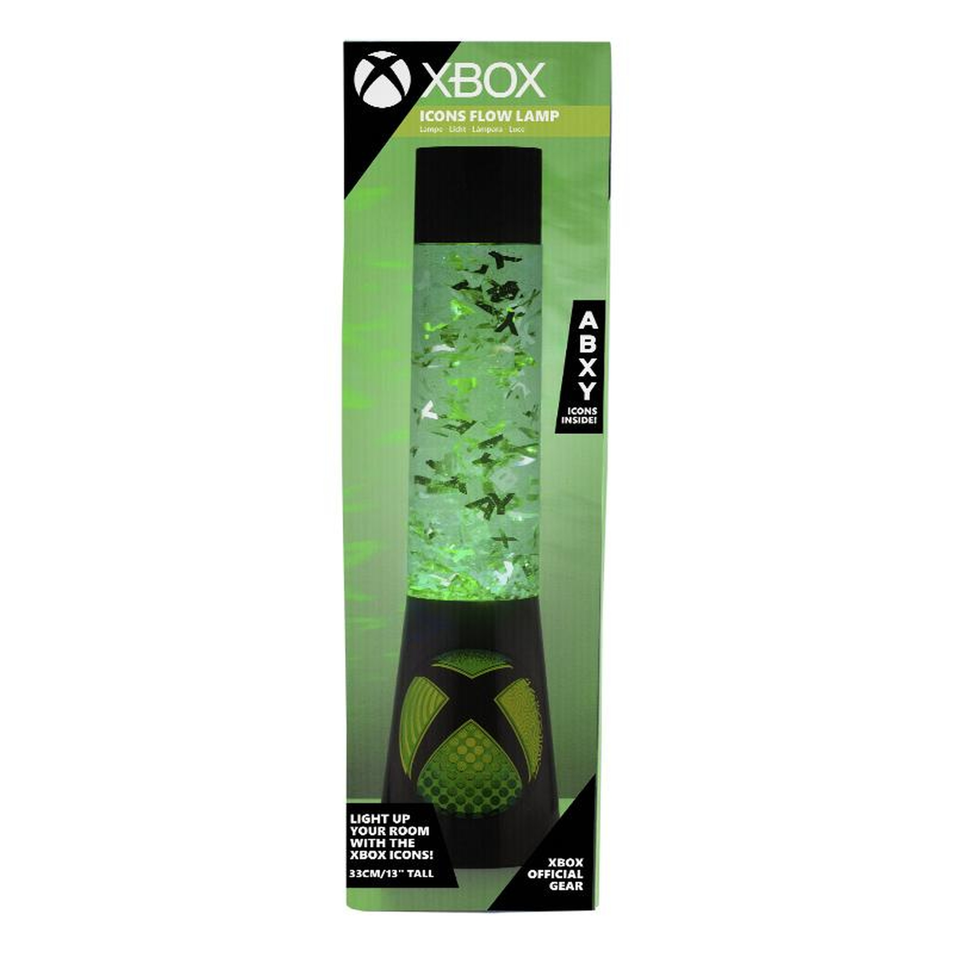 Xbox Ikonen Flow Lampe mit grüner Flüssigkeit und darin schwimmenden Symbolen.