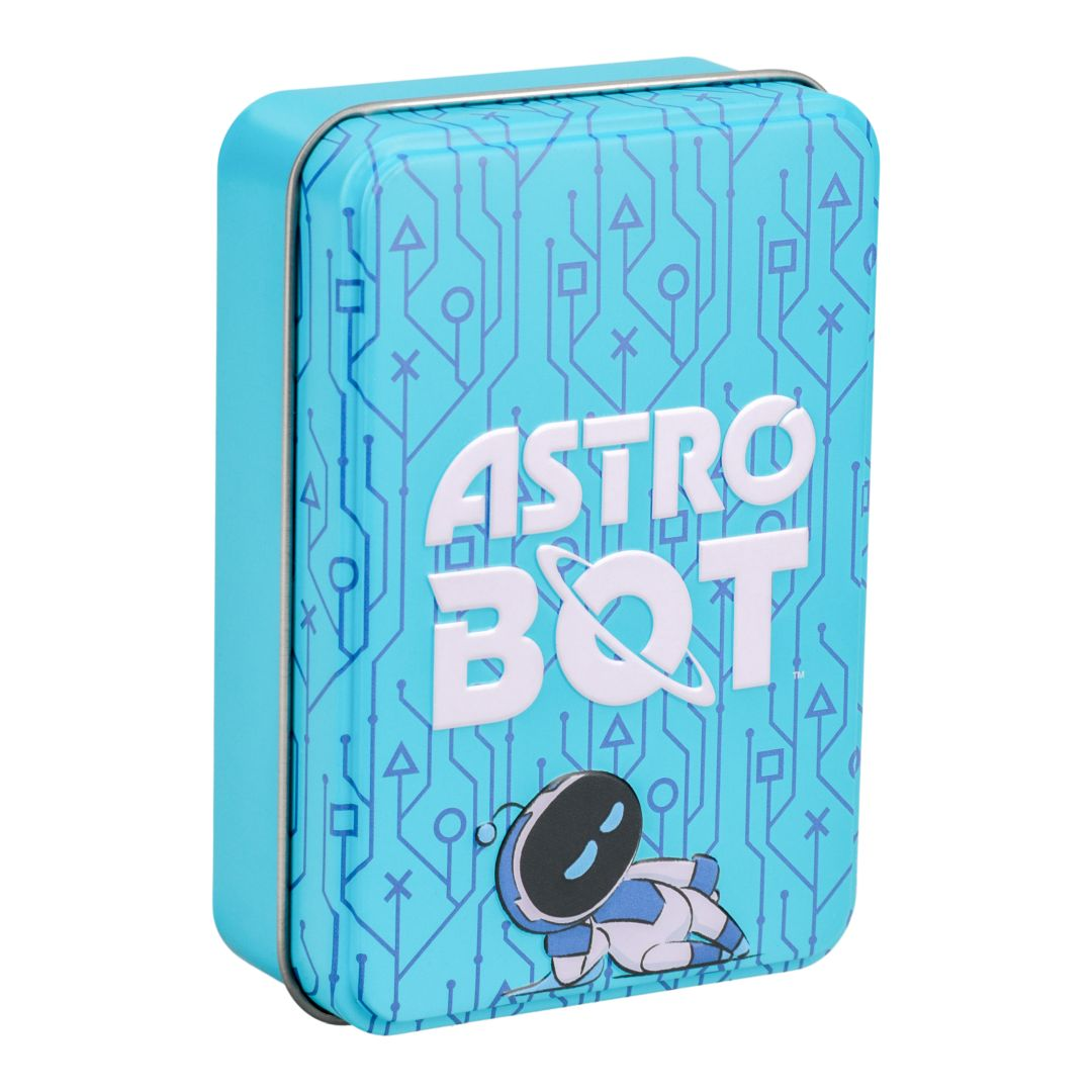 Une boîte métallique bleue avec le design d'Astro Bot et un robot.