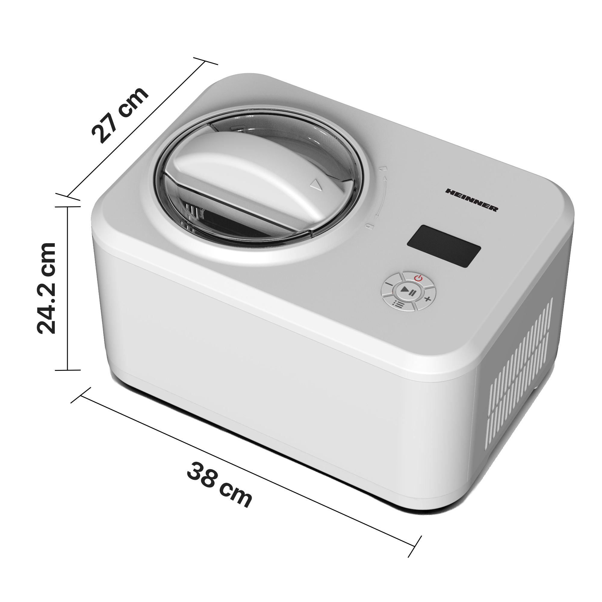 Weiße Eismaschine mit transparentem Deckel, Display und Bedientasten.