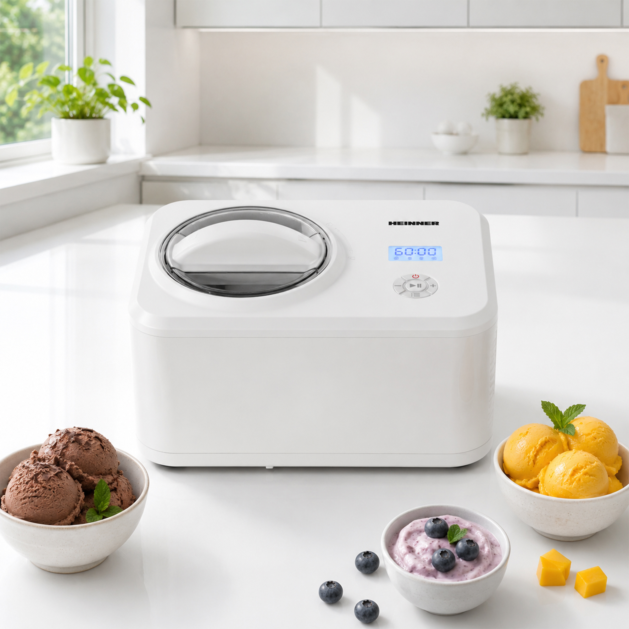 Eine weiße Eismaschine steht auf einer Arbeitsplatte mit Schalen mit Schokoladen- und Mangoeis.