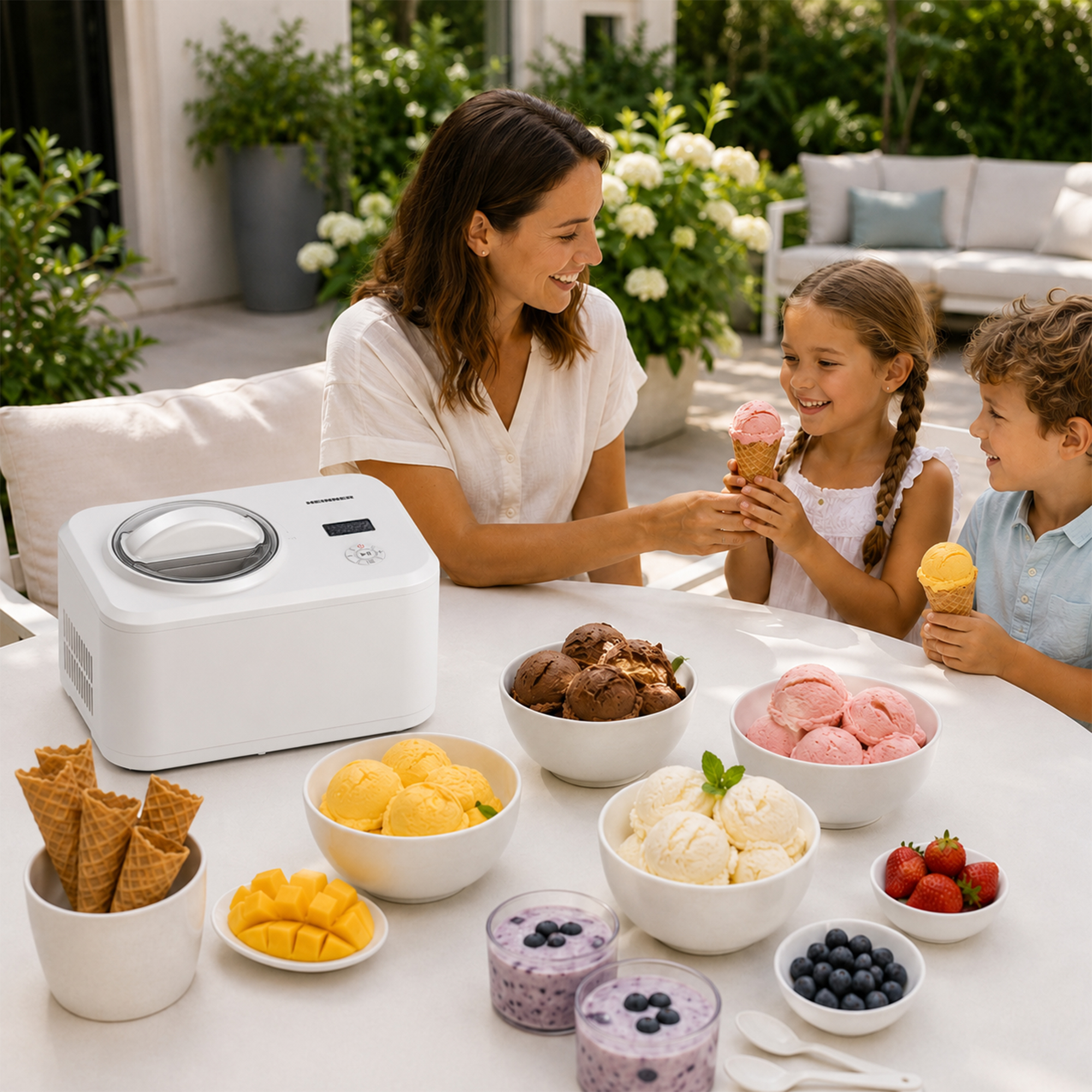 Familie genießt Eis im Freien. Eine weiße Eismaschine steht auf einem Tisch mit Schüsseln Eiscreme.