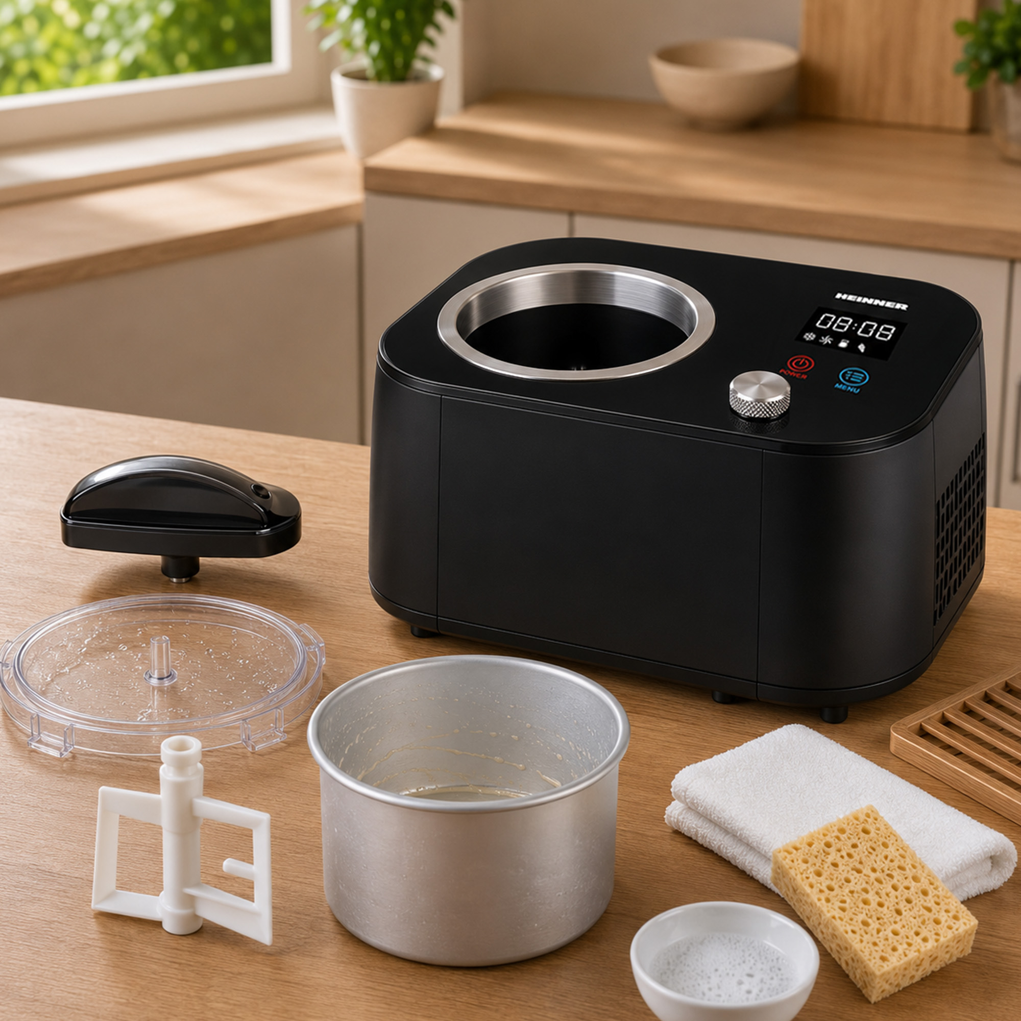 Schwarze Eismaschine mit Zubehör auf Holztisch. Enthält Schüssel, Rührbesen, Deckel.