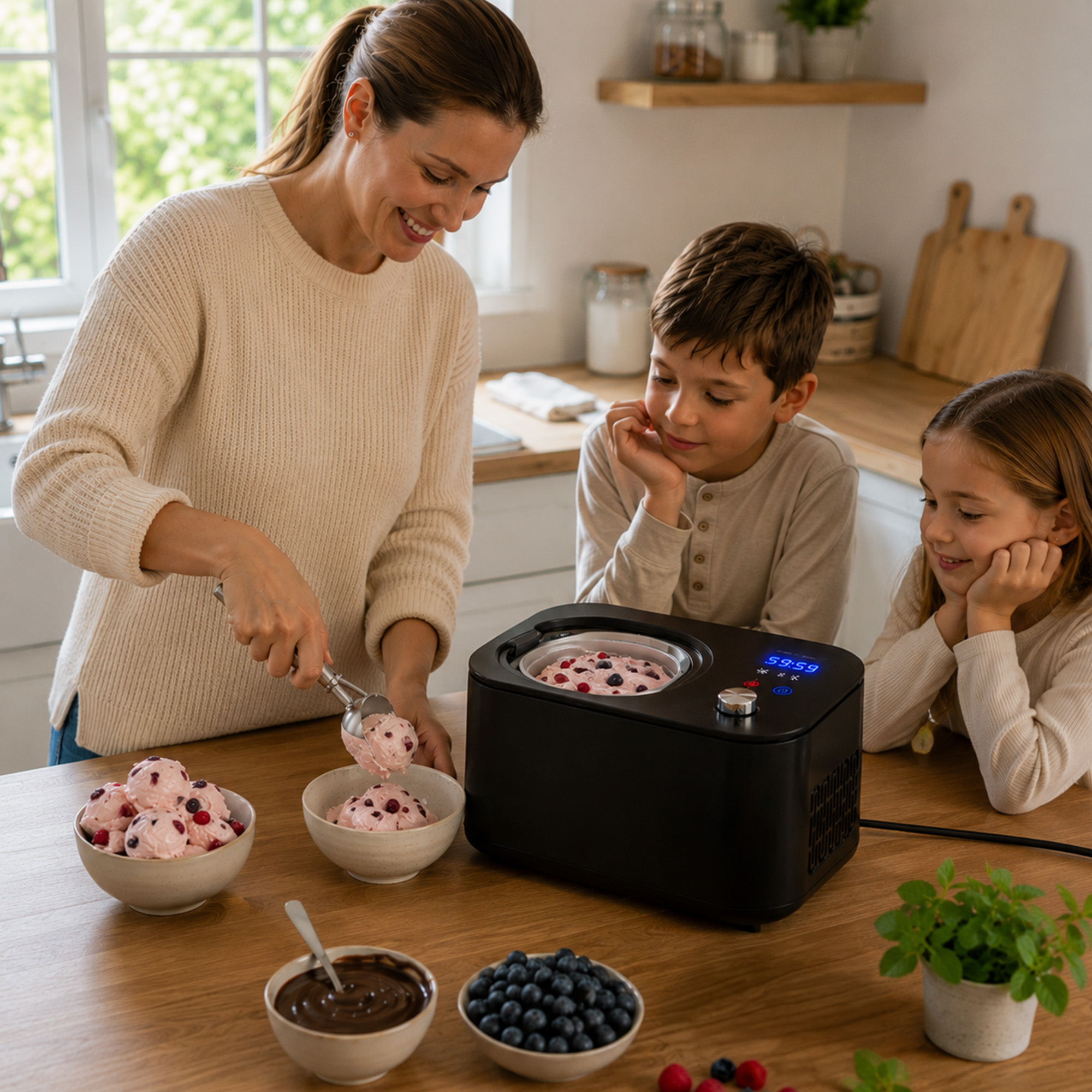 Frau portioniert Eiscreme in Schalen, Kinder schauen zu. Küchenmaschine im Vordergrund.