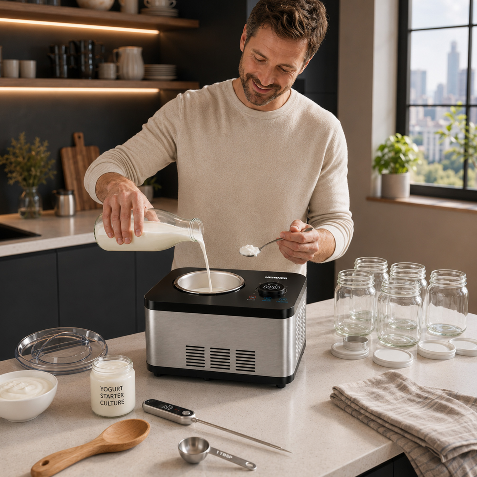 Mann gießt Milch in eine Joghurtmaschine, daneben sind Gläser, Löffel und ein Thermometer.