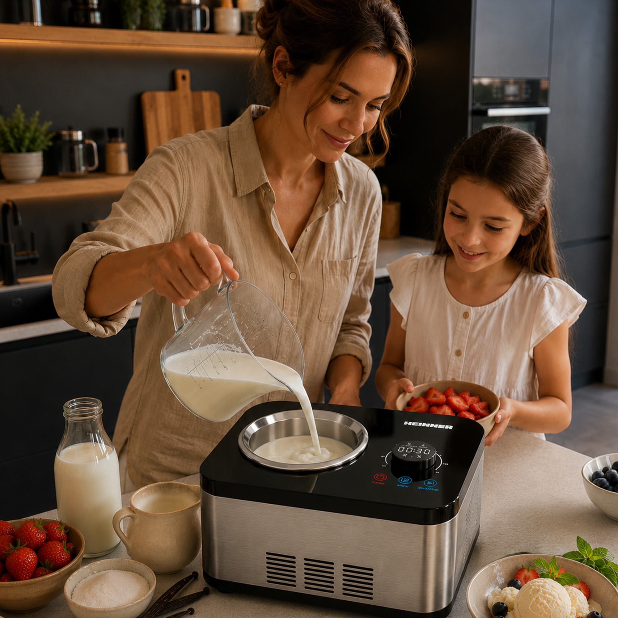 Eine Frau gießt Milch in eine Eismaschine, ein Mädchen hält Erdbeeren.