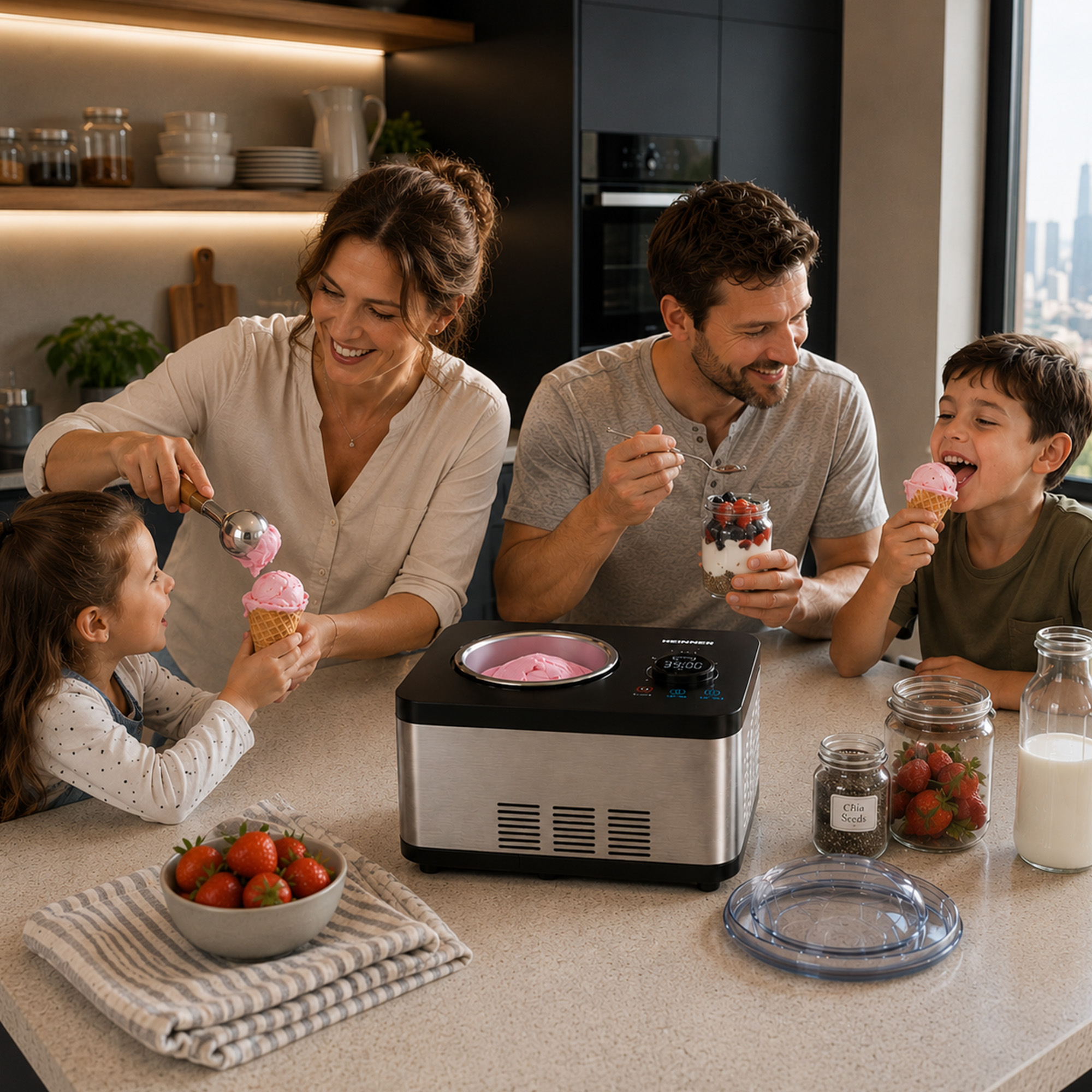 Familie macht Eiscreme mit einer Eismaschine in einer modernen Küche.