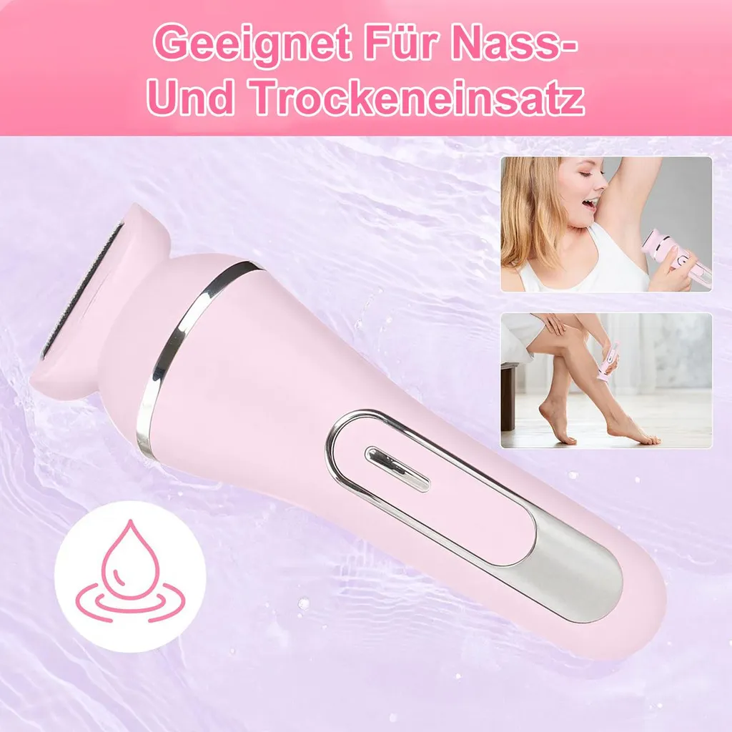 Ein rosa Epilierer liegt auf einem Wasserhintergrund mit Bildern einer Frau, die ihn benutzt.