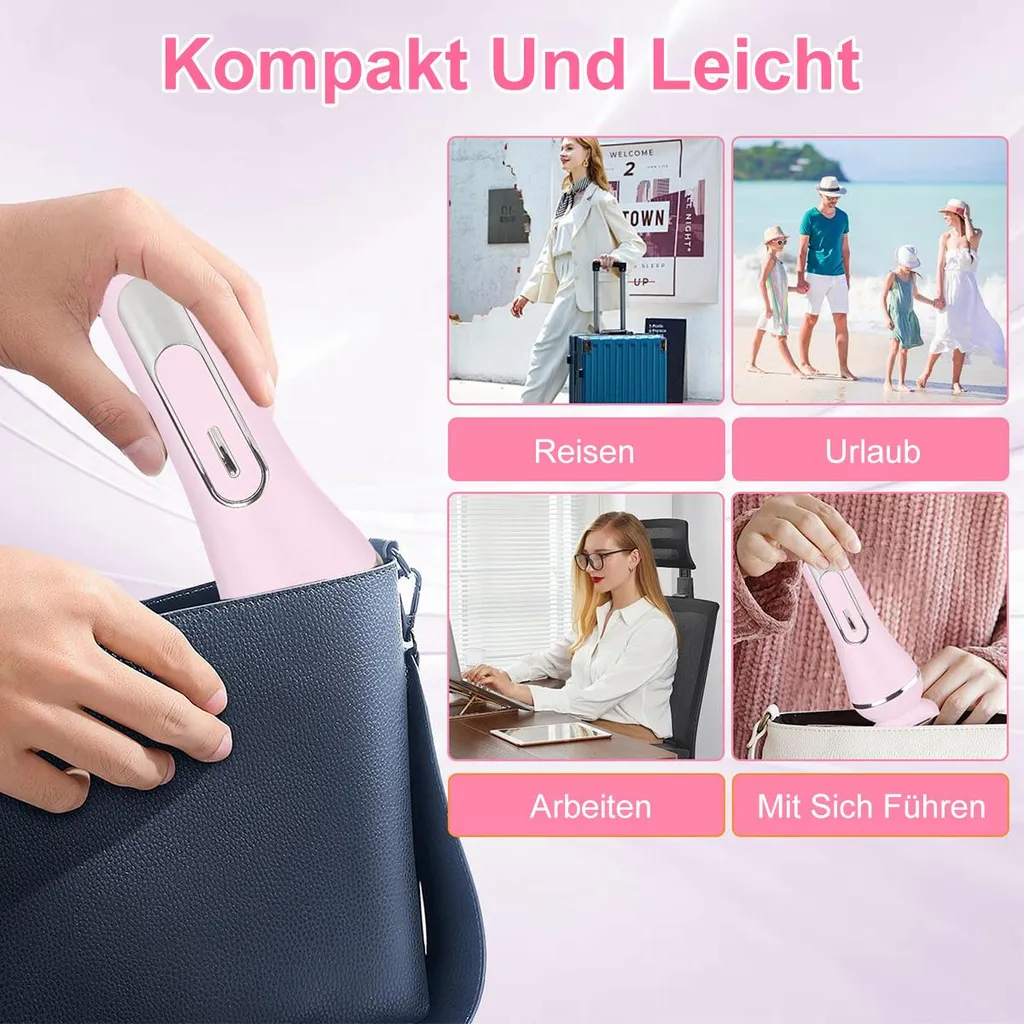 Kompaktes, rosa Gerät wird in eine Tasche gelegt, daneben Bilder von Reisen, Urlaub und Arbeiten.