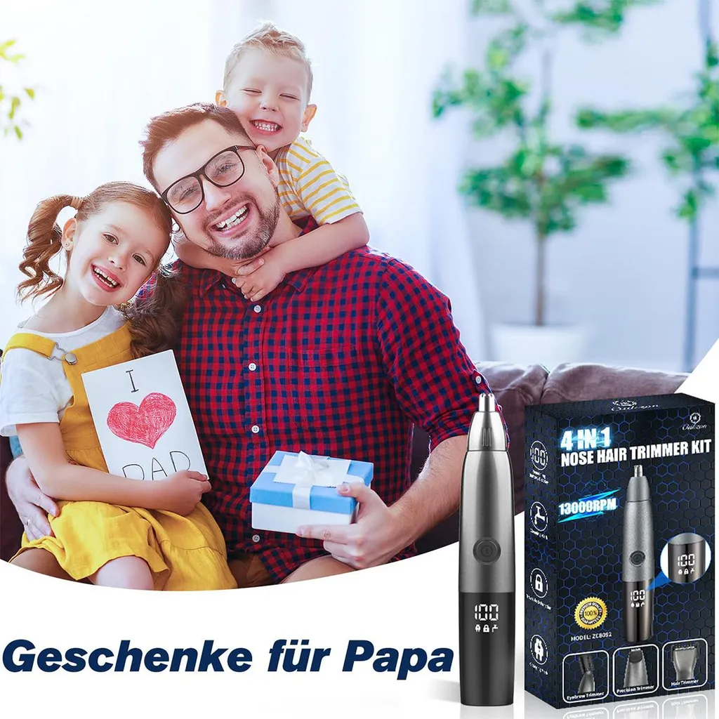 Vater mit Kindern und Geschenk, daneben ein Nasenhaartrimmer-Set.