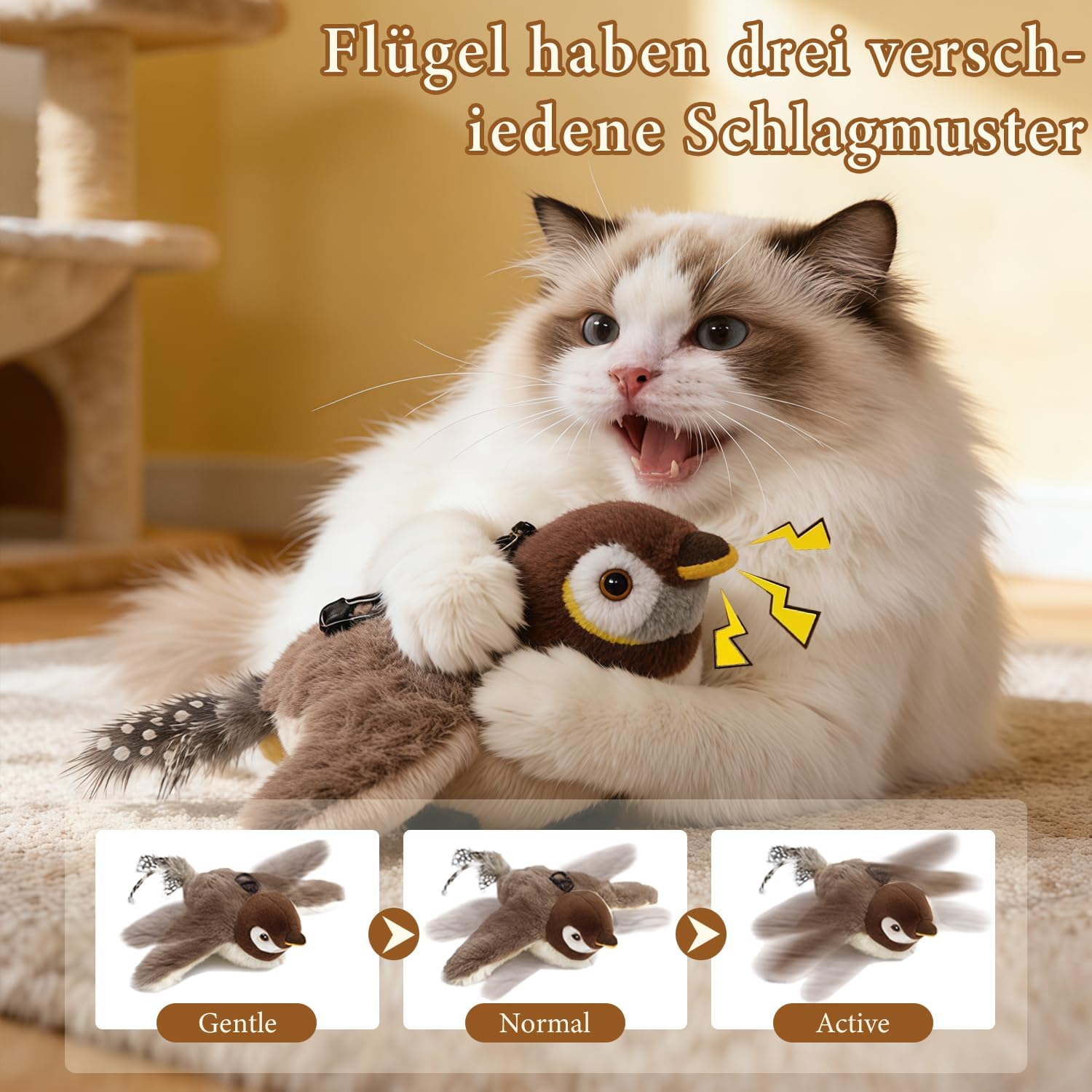 Eine Katze spielt mit einem Vogelspielzeug, das drei Modi hat.