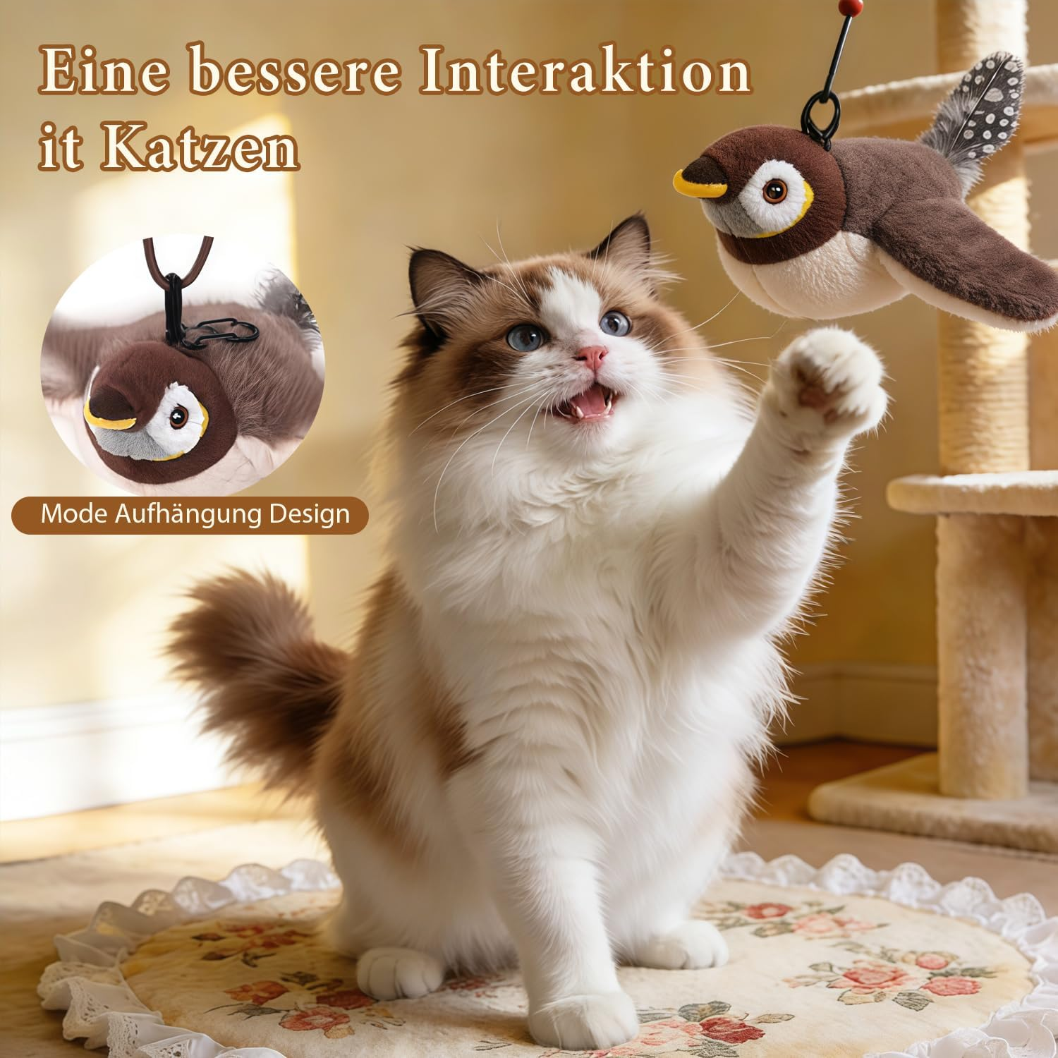 Eine Katze jagt ein Vogelspielzeug, das von der Decke hängt.