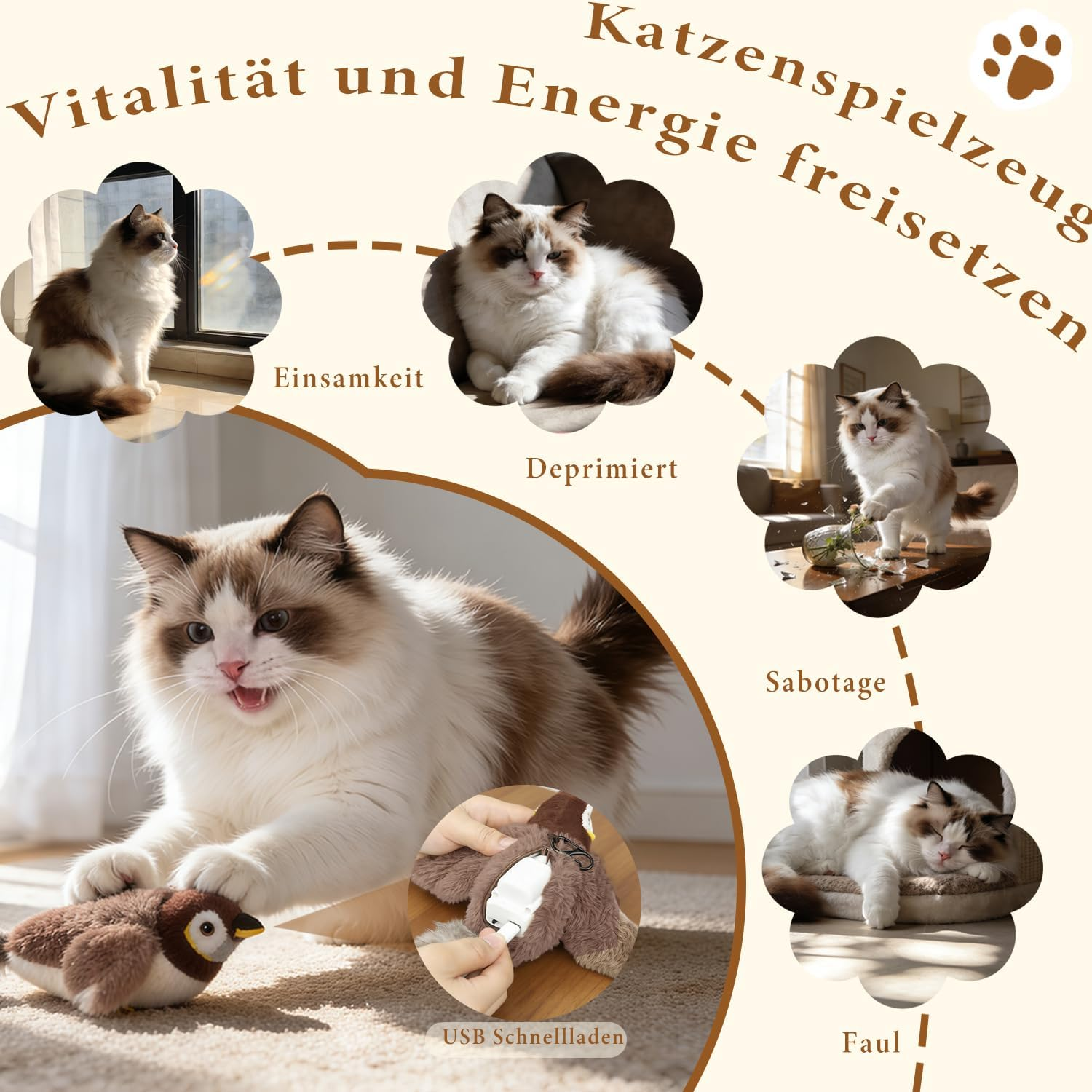 Katze spielt mit Vogel-Spielzeug, lädt USB-Spielzeug, ist einsam, deprimiert, sabotiert und faul.